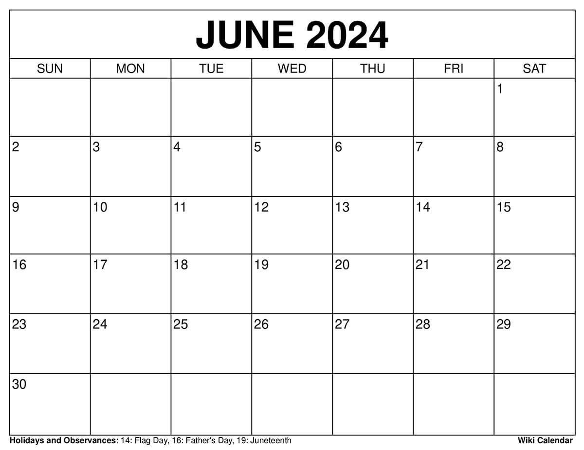 Printable June 2024 Calendar with Holidays