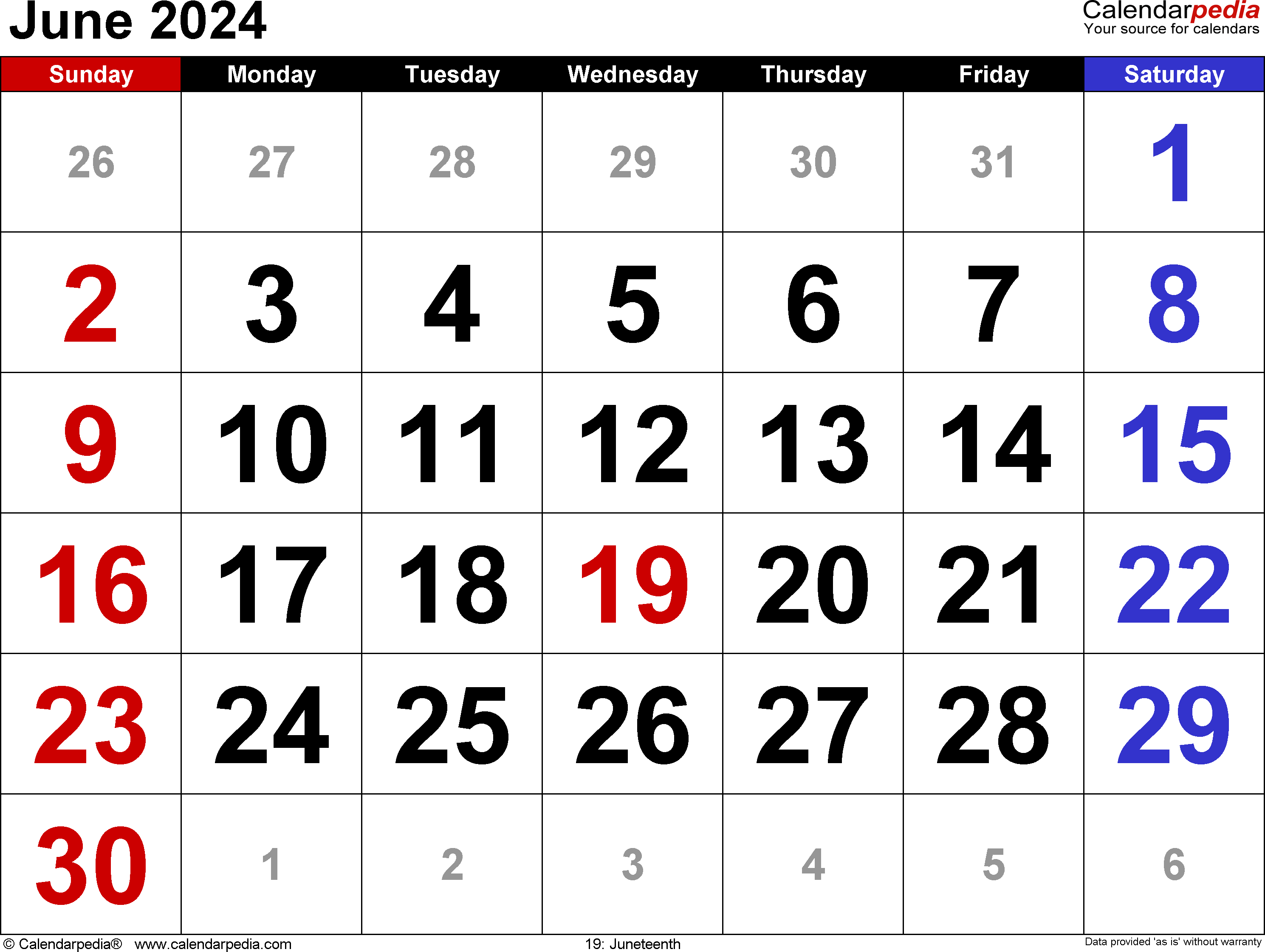 June 2024 Calendar. for Word, Excel