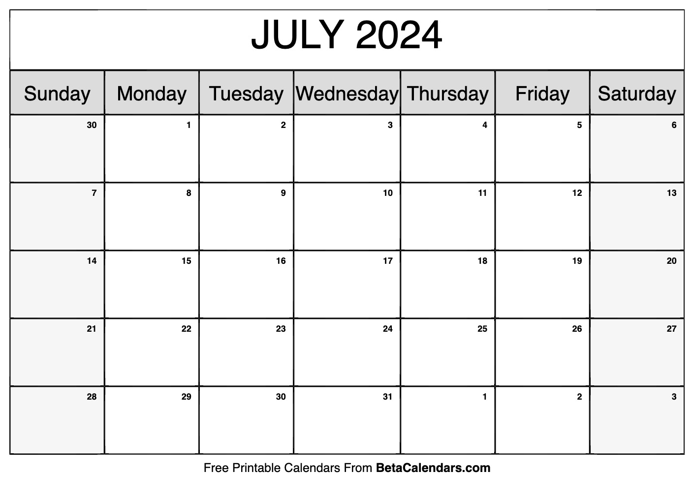 Free Printable July 2024 Calendar