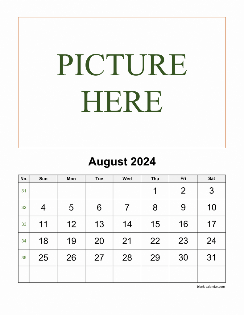 Free Download Printable August 2024 Calendar, picture can be placed