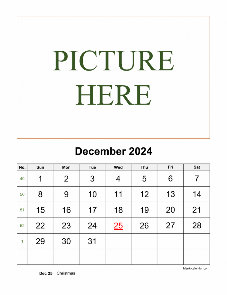 Free Download Printable December 2024 Calendar, picture can be placed