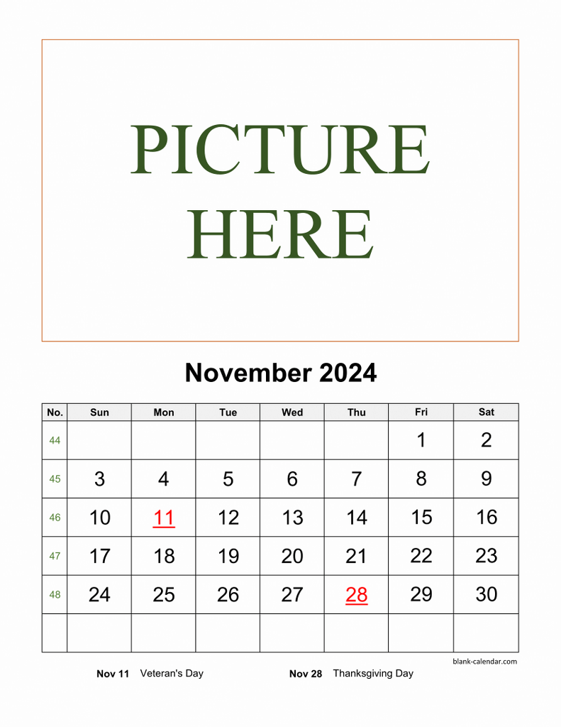 Free Download Printable November 2024 Calendar, picture can be placed