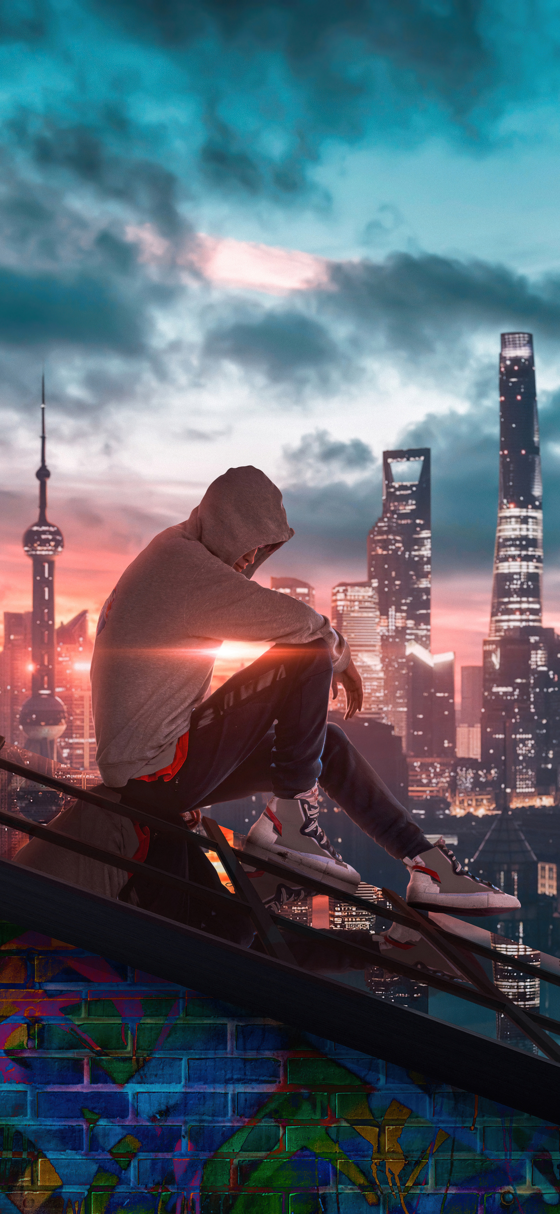 Hoodie Boy Sitting Alone At