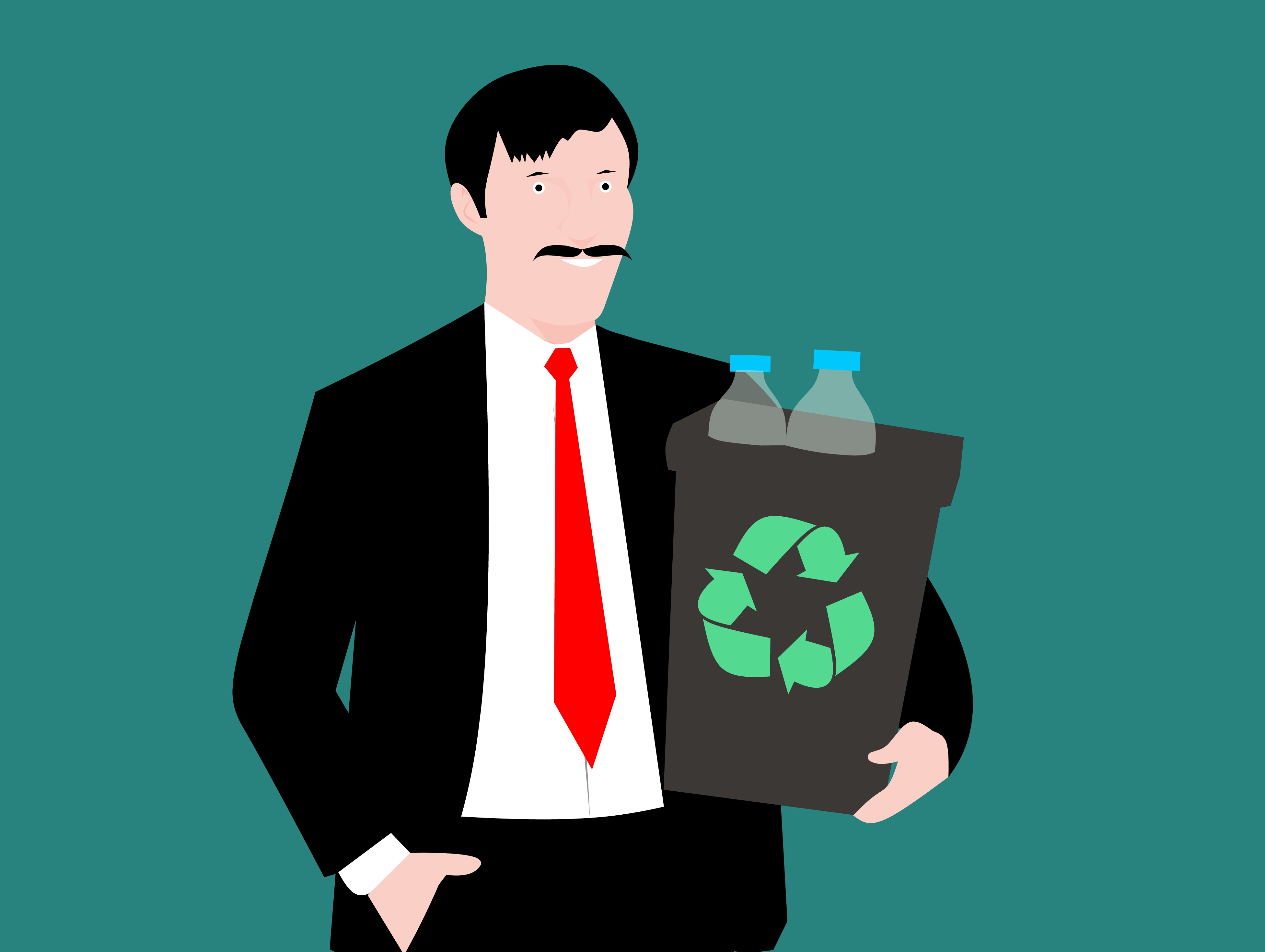 Free Image, recycling, recycle bin, plastic, aware, awareness, bottle, conservation, eco, ecology, environment, happy, holding, lifestyle, man, many, material, saving, sign, smiling, cartoon, tie, trash, waste, young, clean, green, male, standing