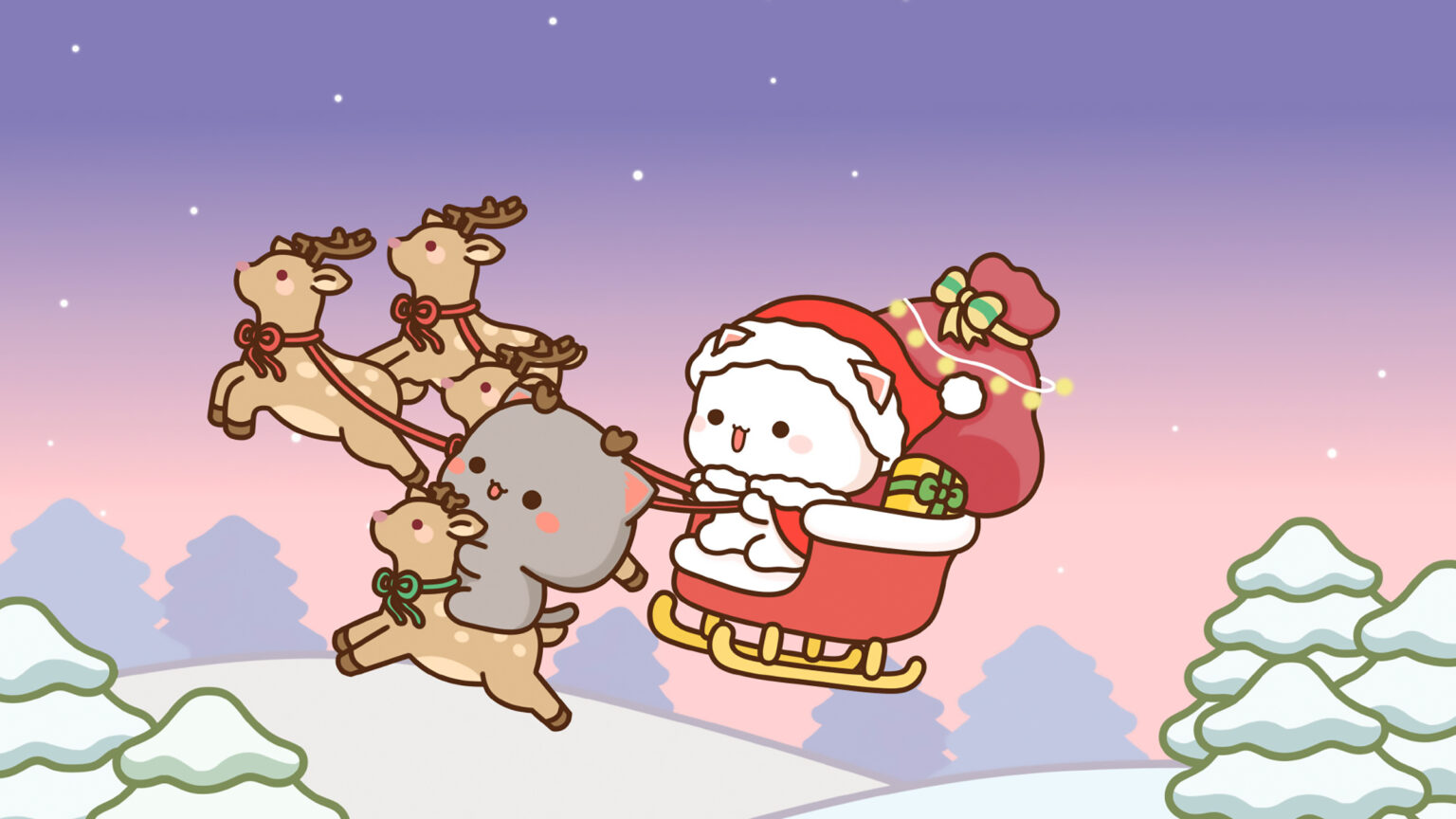 Peach & Goma Christmas Reindeer Sleigh Ride Wallpaper
