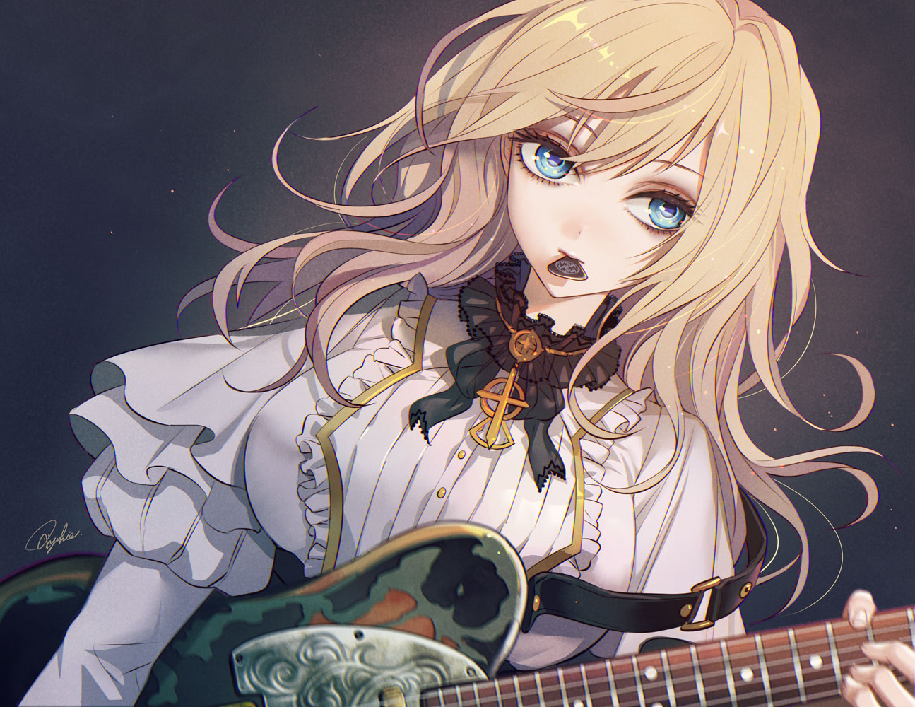 Blonde Hair Blue Eyes Close Goth Loli Guitar Instrument Lolita Fashion Original Signed Tajima Yukie. Konachan.com.com Anime Wallpaper