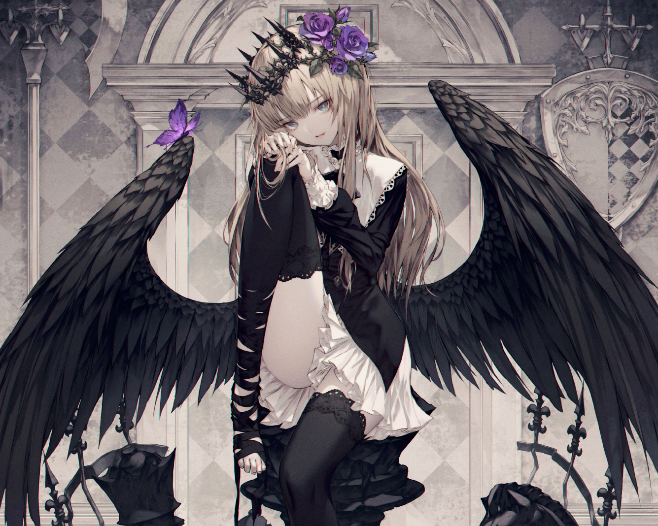 blonde hair blue eyes butterfly cropped crown flowers gothic long hair original ribbons rose skirt thighhighs wanke wings. konachan.com.com Anime Wallpaper