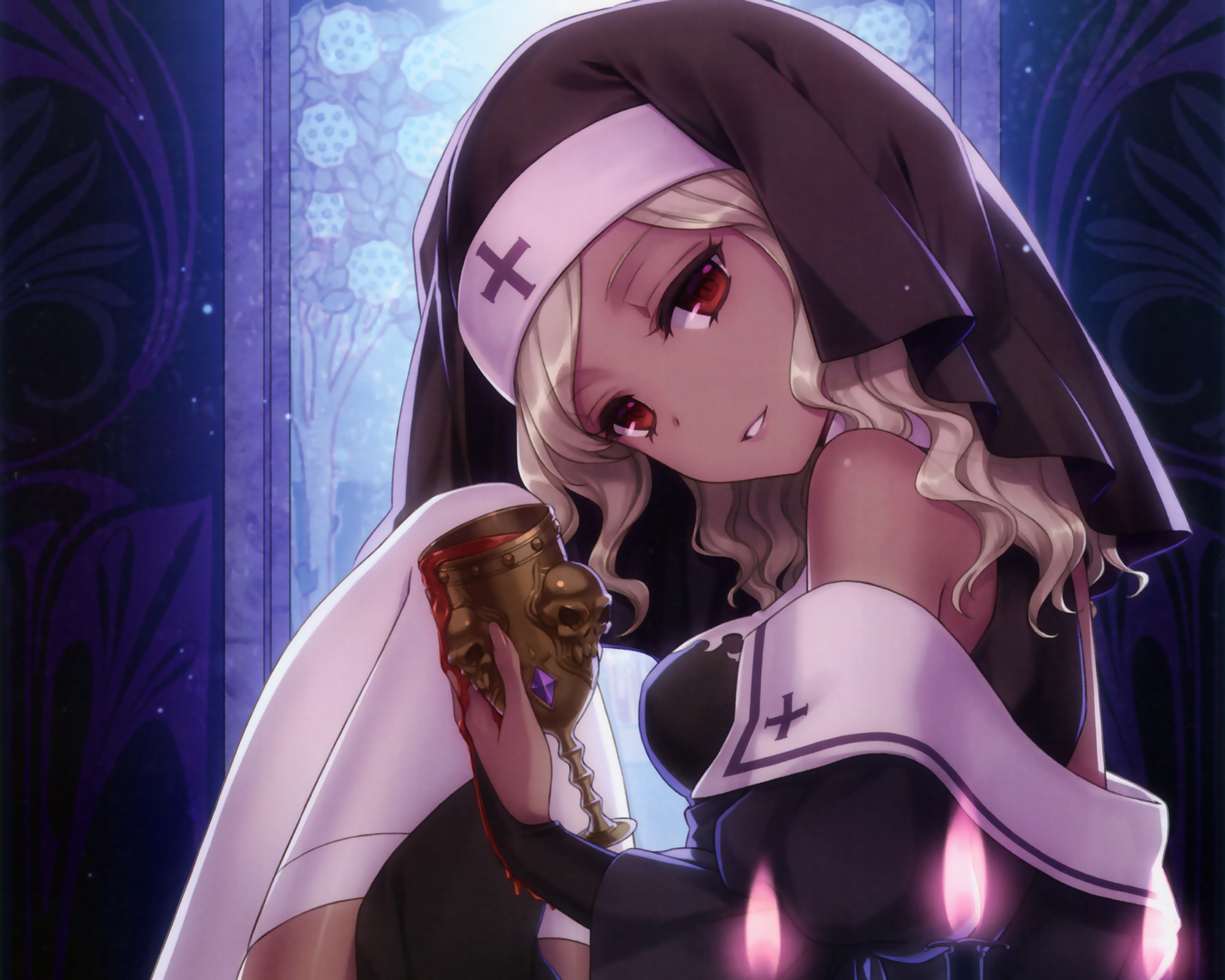 Original blonde hair nun original red eyes thighhighs fantasy mood gothic wallpaperx1600