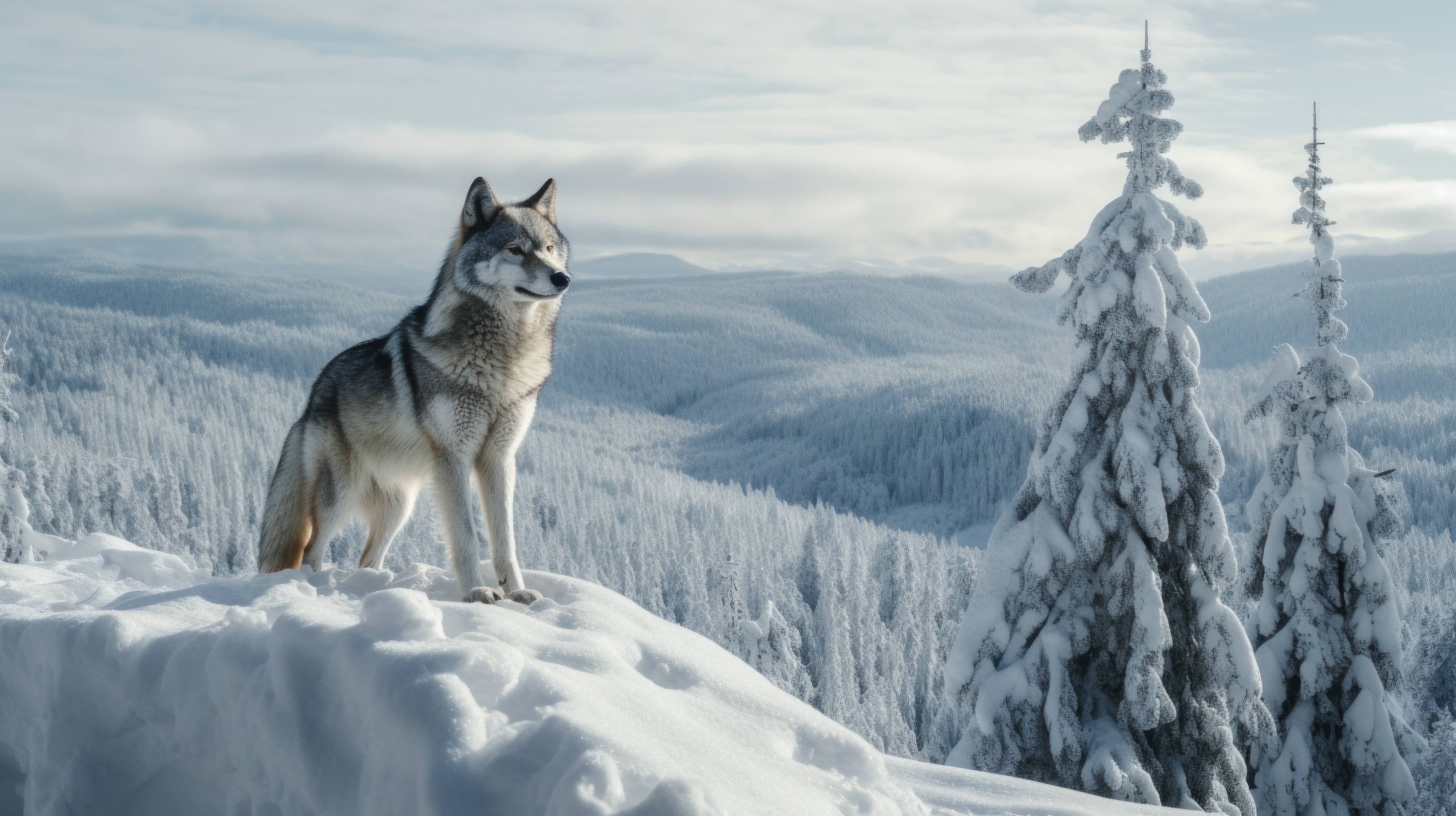 A wolf poised atop a snowy ridge, its fur blending into the winter landscape except for bright eyes surveying the valley