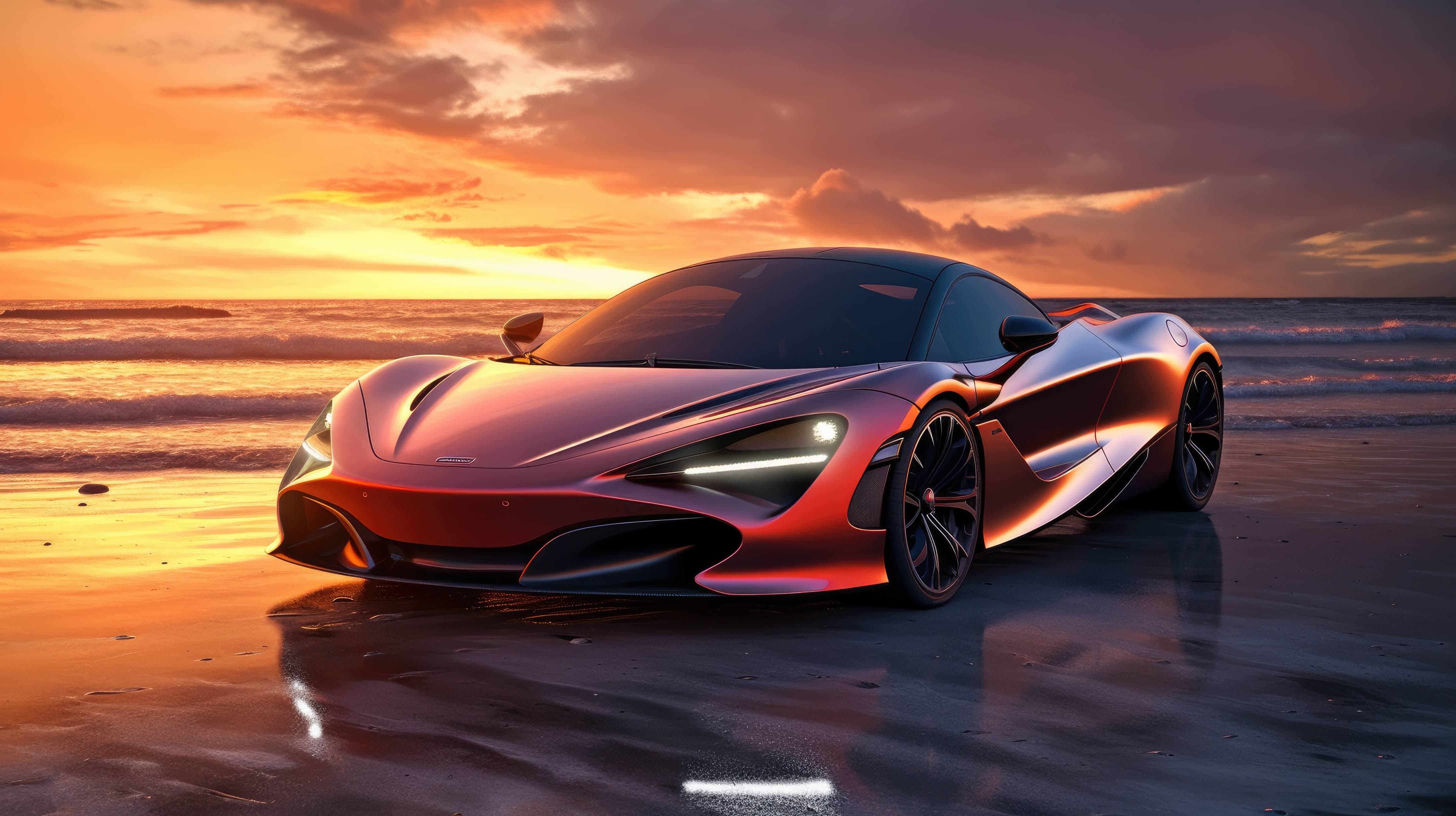 A 4K ultra HD wallpaper of a futuristic McLaren 720S parked on a beach