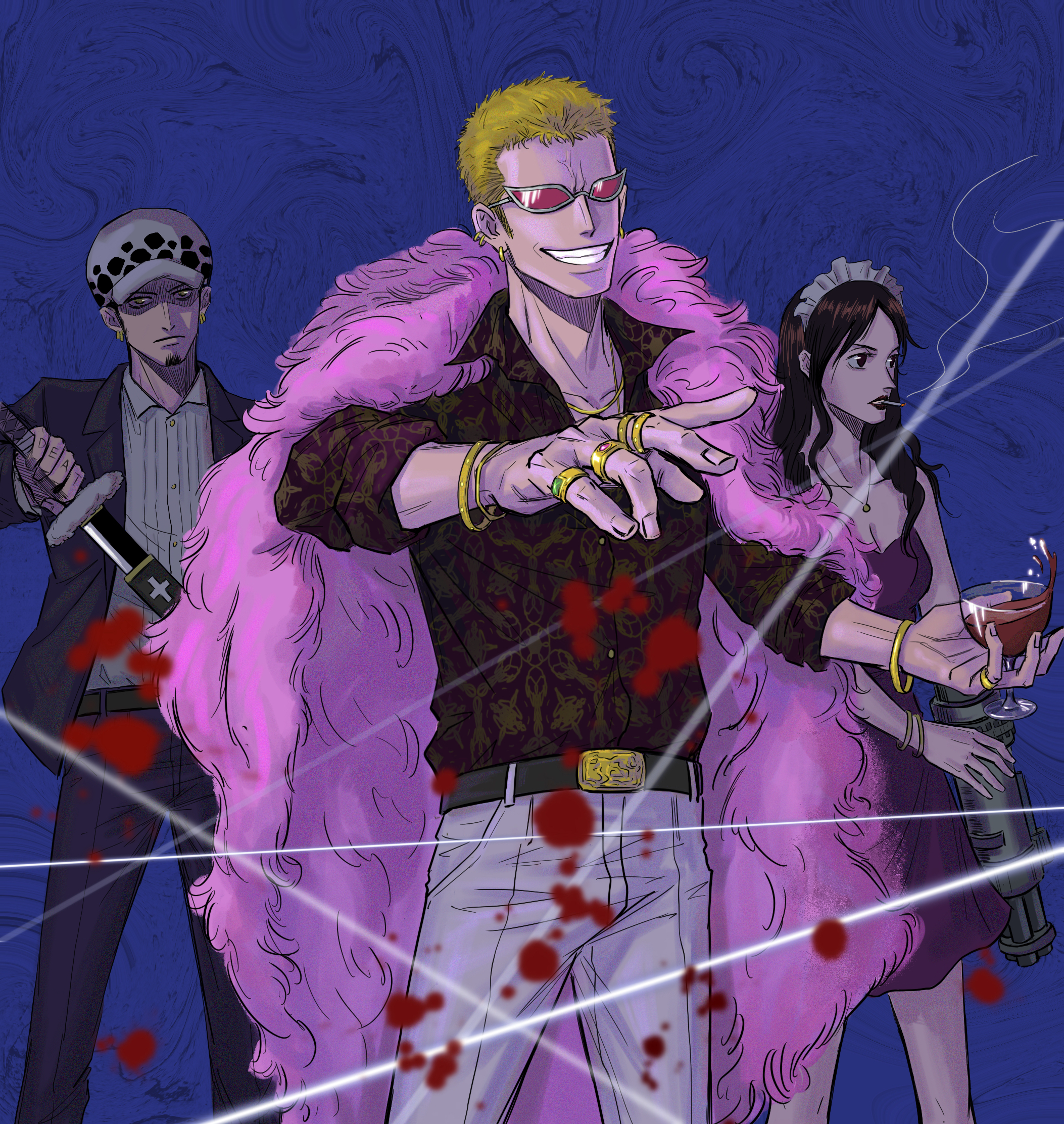trafalgar law, donquixote doflamingo, and baby 5 (one piece) drawn