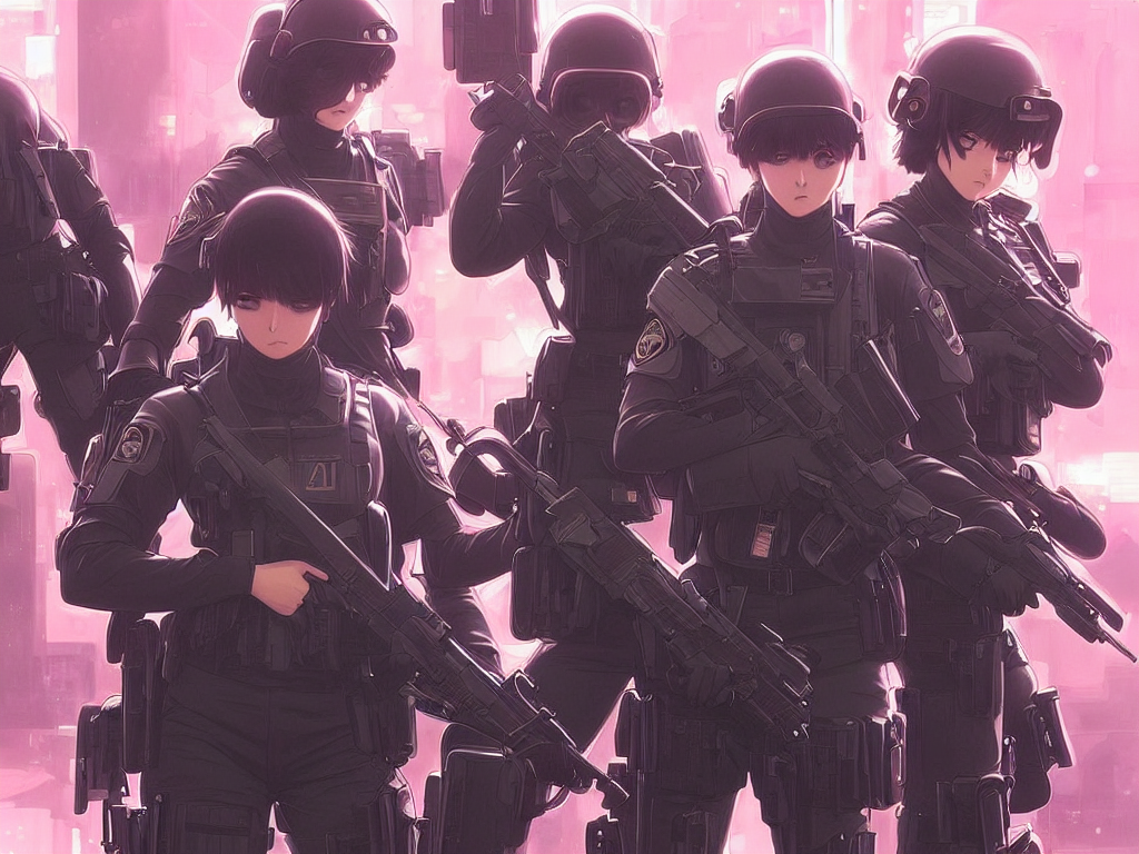 prompthunt: anime key visual of a team of multiple female swat officer ready to attack, neon, cyberpunk, futuristic, stunning, highly detailed, digital painting, smooth, soft focus, illustration, movie poster, japanese typography, digital