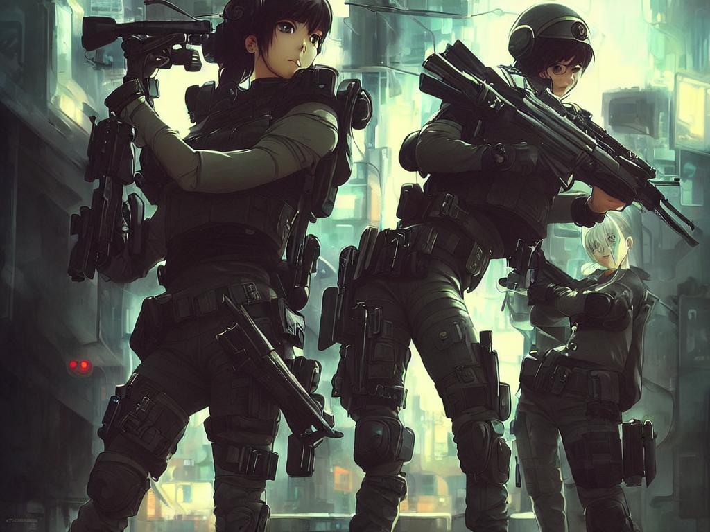 prompthunt: anime key visual of a young female swat officer fighting male blood hound, neon, cyberpunk, futuristic, stunning, highly detailed, digital painting, smooth, soft focus, illustration, movie poster, japanese typography, digital art