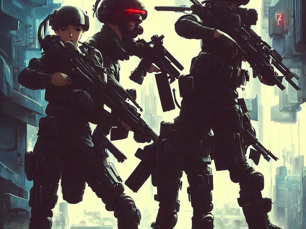 prompthunt: anime key visual of a young female swat officer fighting male blood hound, neon, cyberpunk, futuristic, stunning, highly detailed, digital painting, smooth, soft focus, illustration, movie poster, japanese typography, digital art