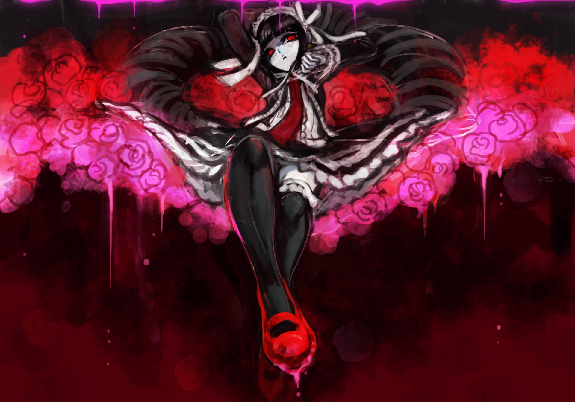 Download Goth Anime Girl In Roses Wallpaper