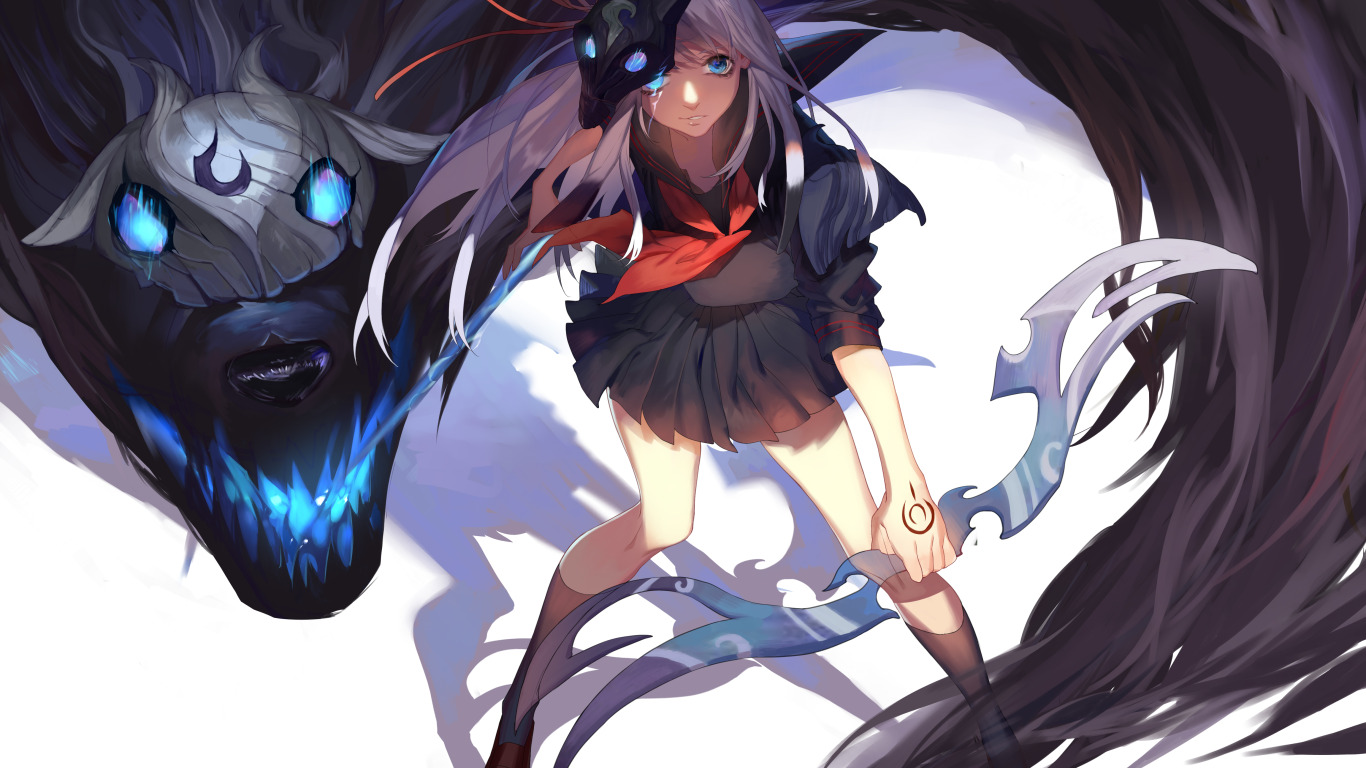 Download wallpaper girl, weapons, magic, monster, anime, mask, art, league of legends, section seinen in resolution 1366x768