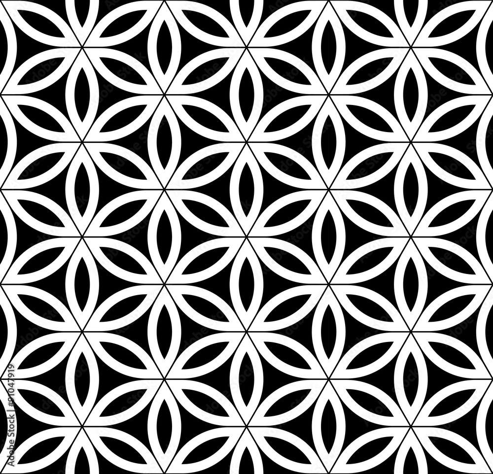 Vector modern seamless sacred geometry pattern, black and white abstract geometric flower of life background , wallpaper print, monochrome retro texture, hipster fashion design Stock Vector