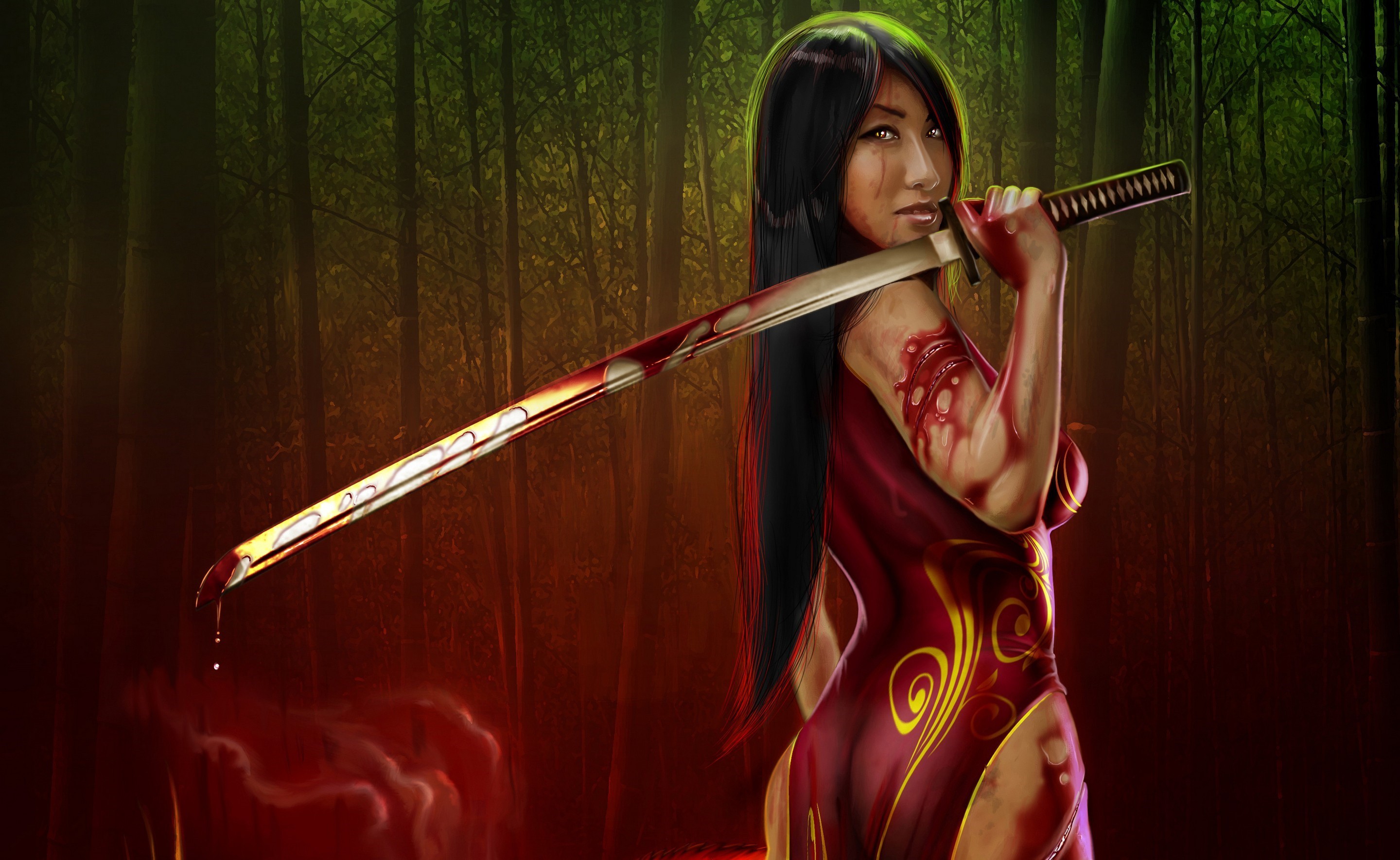 fantasy art, blood, sword (2880x1771px) on Wallls.com