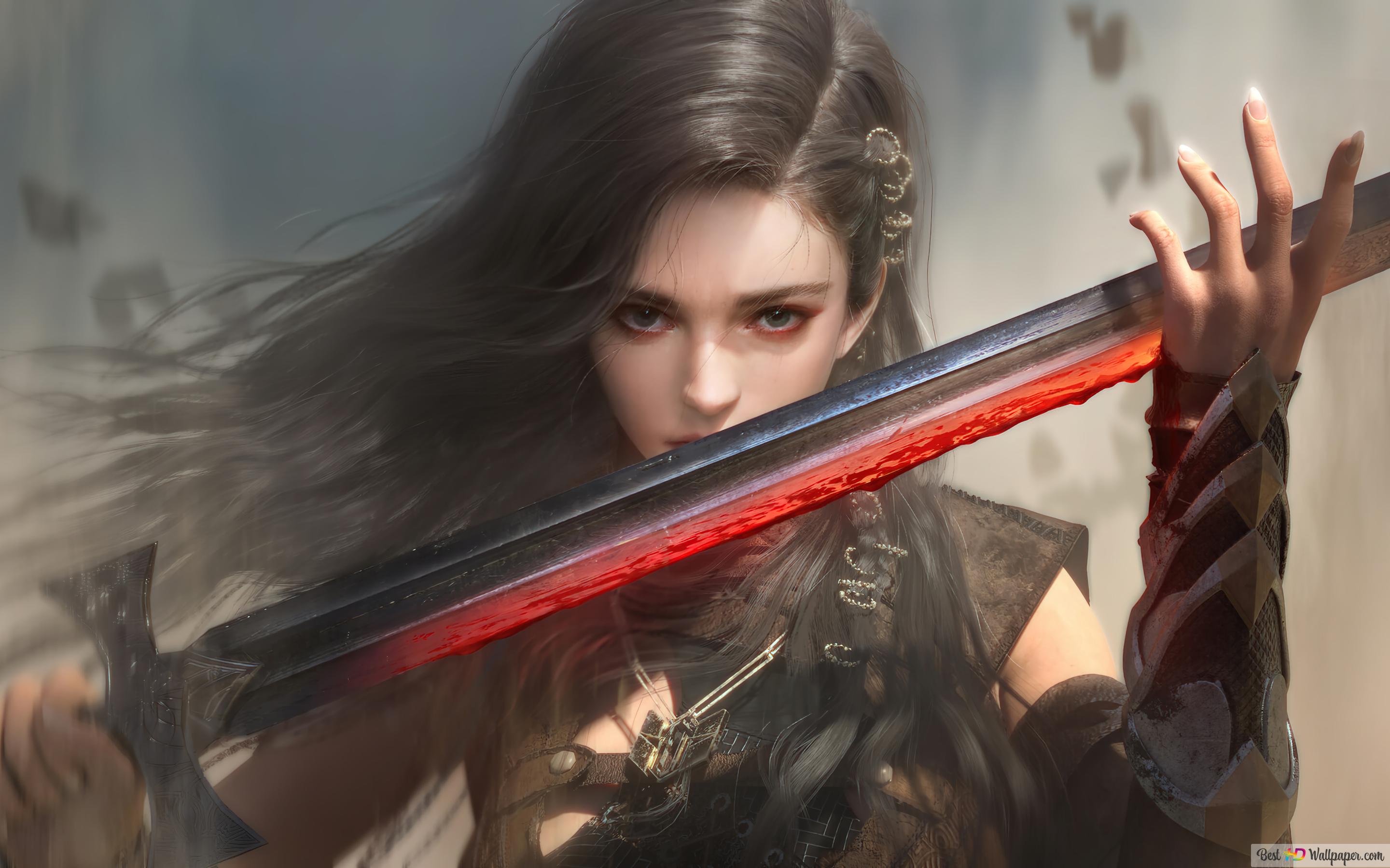 Warrior Girl Blood Sword 4K wallpaper download