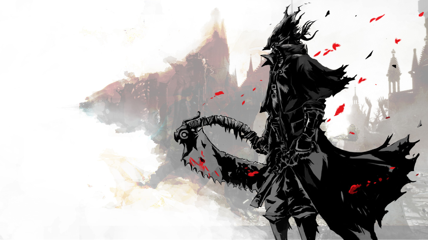 Download wallpaper blood, sword, hat, art, saw, cloak, hunter, bloodborne, section games in resolution 1366x768