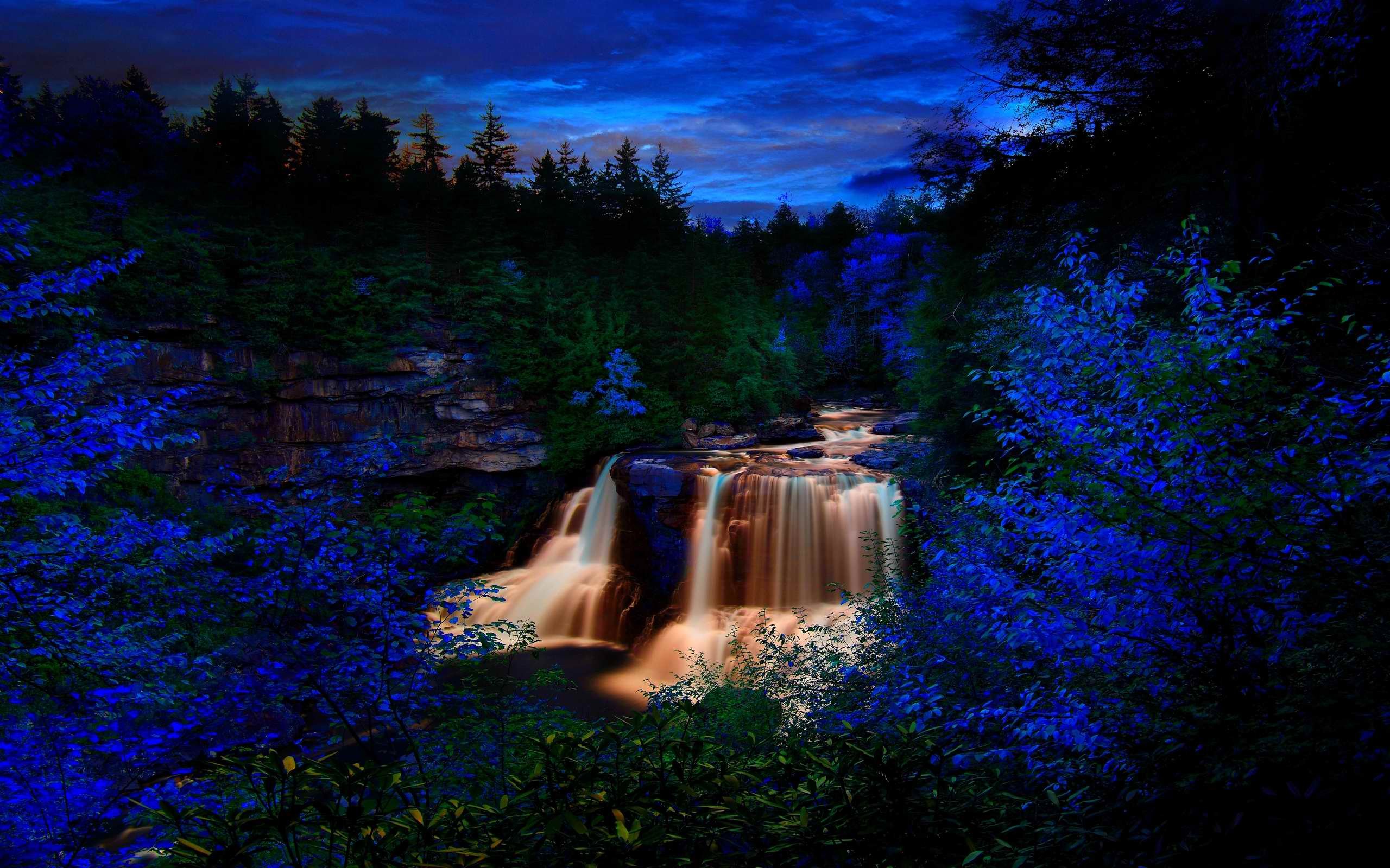Waterfall dark neon glow river wallpaperx1600
