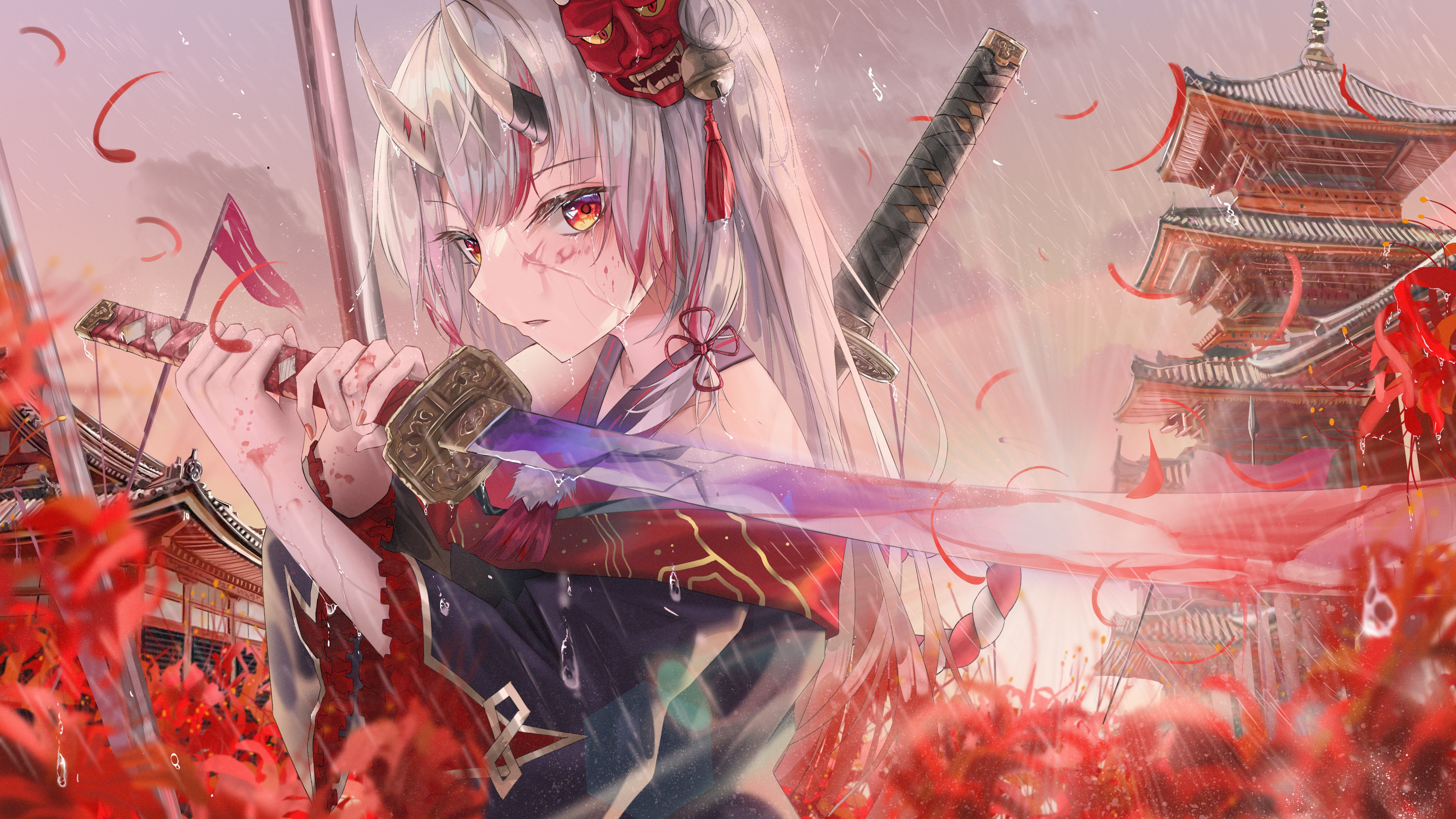 turbulence hololive nakiri ayame blood horns japanese clothes sword wallpaper wet