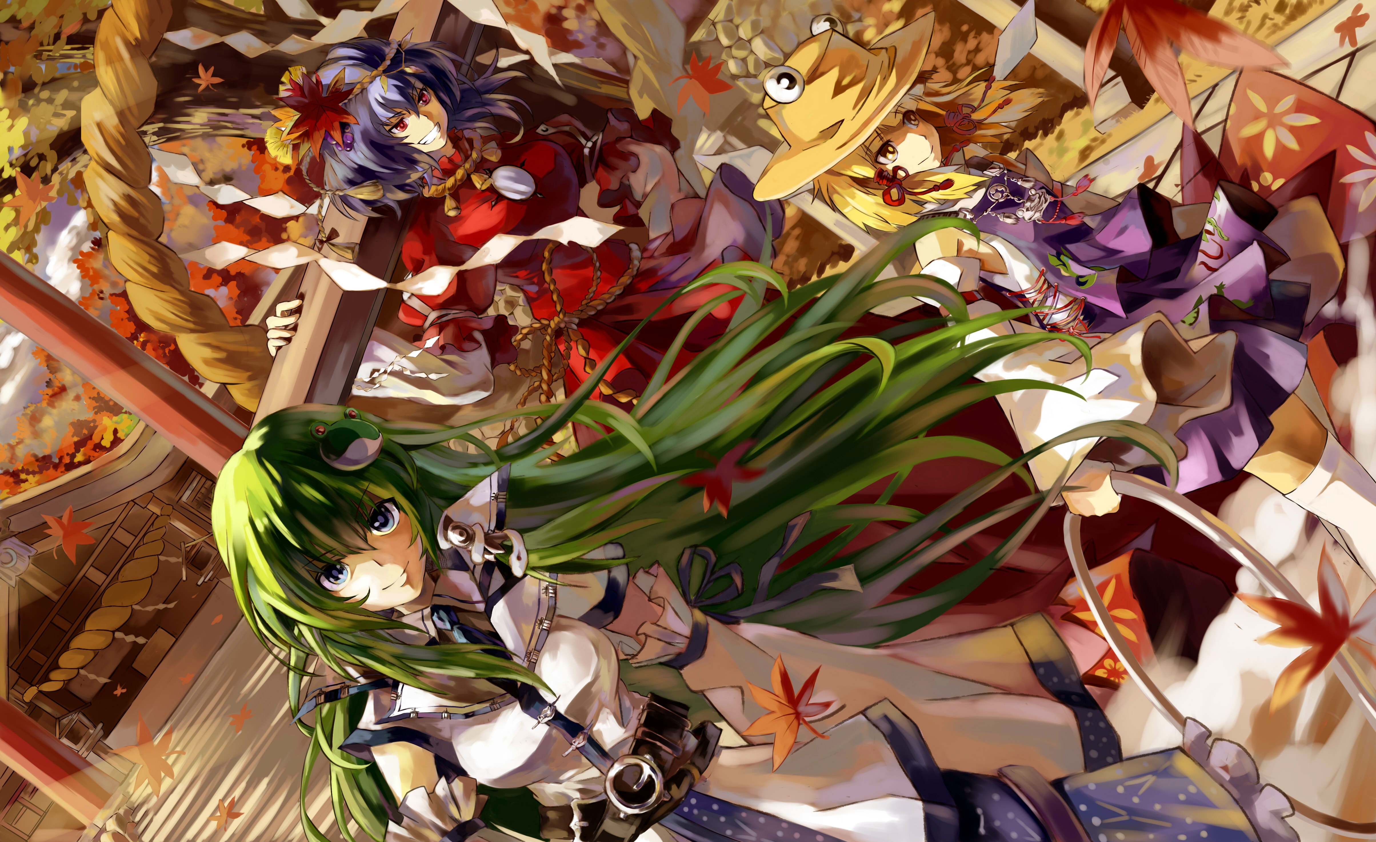 Kochiya sanae leaves moriya suwako neko (yanshoujie) touhou yasaka kanako wallpaperx2948