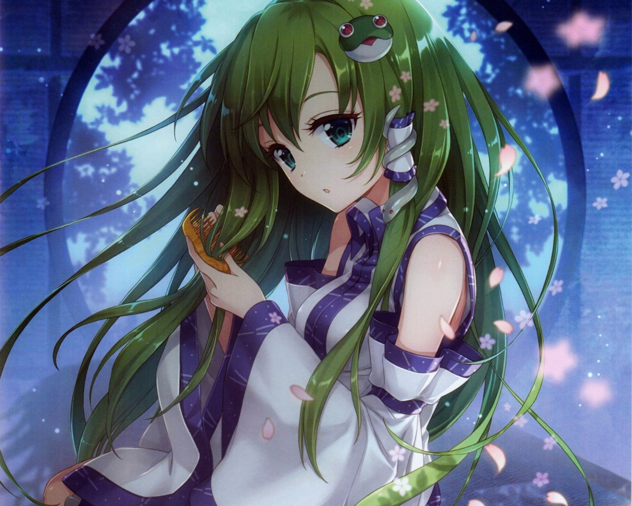 Download wallpaper 1280x1024 cute, sanae kochiya, touhou, green hair, standard 5:4 fullscreen wallpaper, 1280x1024 HD background, 6992