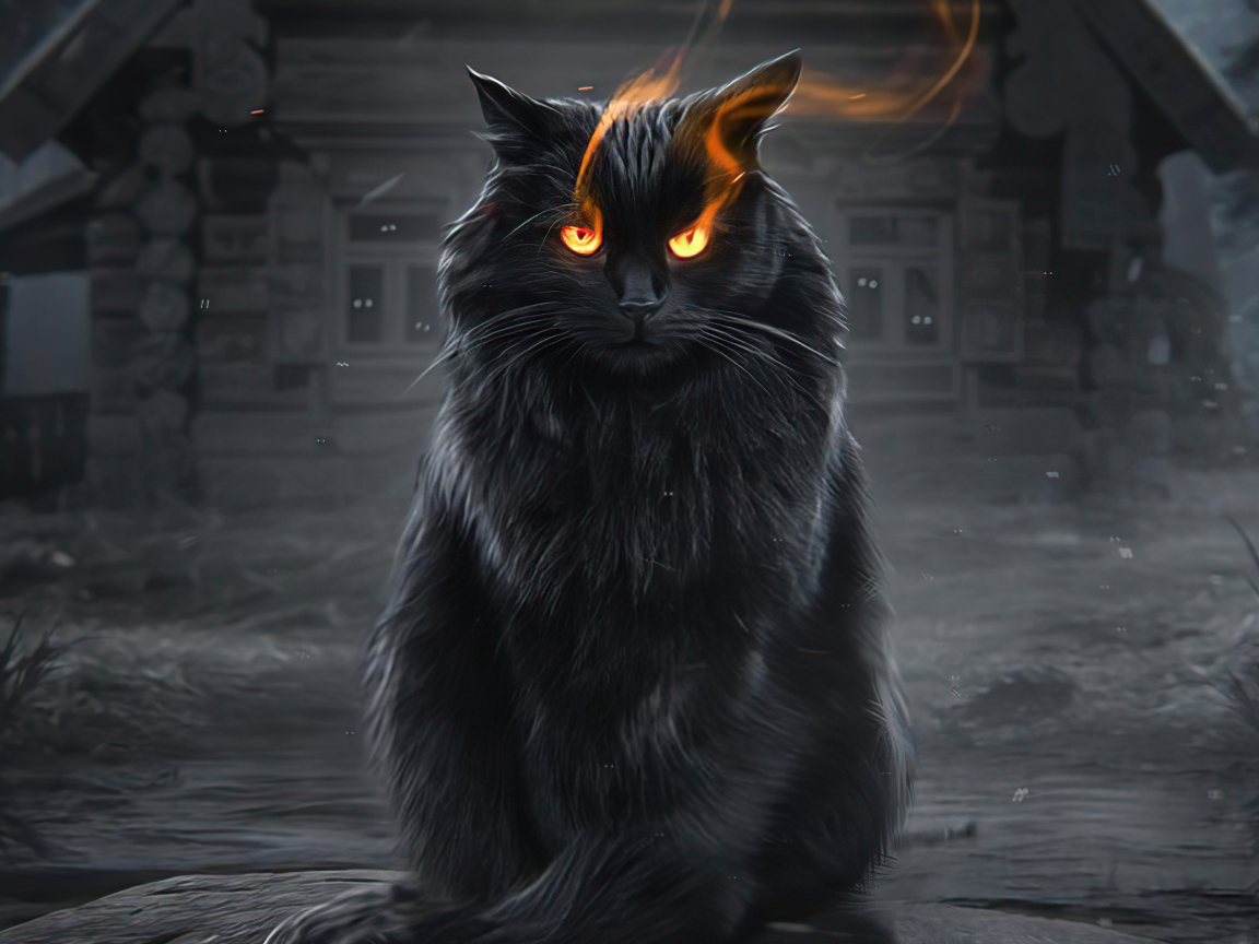Download wallpaper 1152x864 black cat, fire eyes, fantasy, standard 4:3 fullscreen 1152x864 HD background, 26970