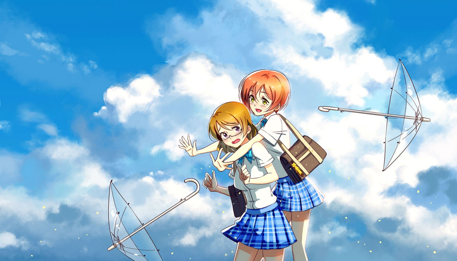 Girls clouds glasses hoshizora rin koizumi hanayo love live! school idol project seifuku short hair skirt sky umbrella zhanzheng zi wallpaperx900