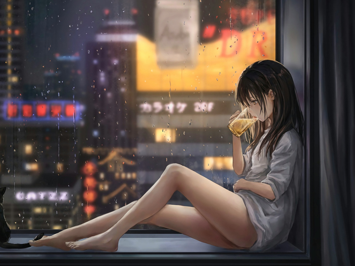 Download wallpaper barefoot, girl, twilight, the view from the window, white shirt, sitting on the windowsill, night city lights, black kitten, section art in resolution 1152x864