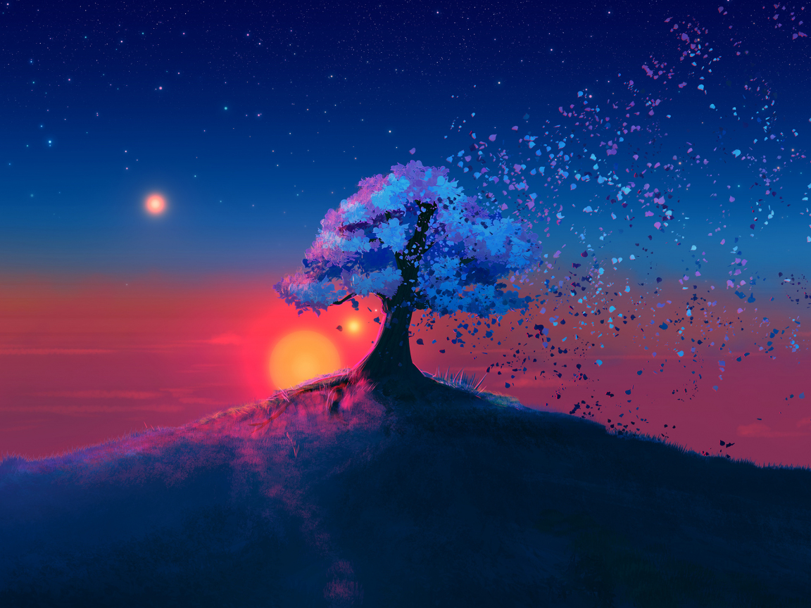 Download wallpaper 1152x864 dark, tree, sunset, landscape, art, standard 4:3 fullscreen 1152x864 HD background, 18412