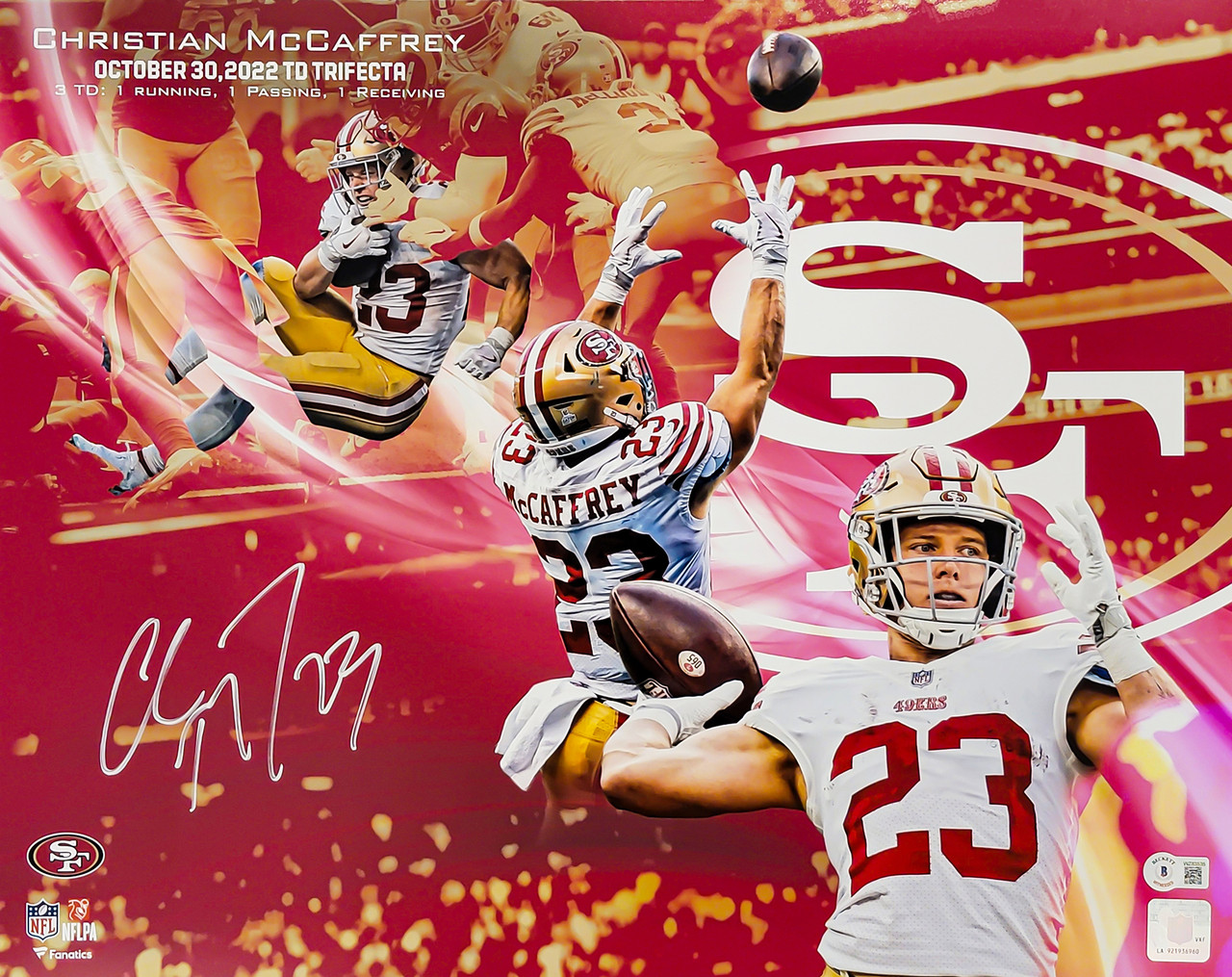Christian McCaffrey Autographed 16x20 Photo San Francisco 49ers Rushing Receiving Passing Touchdown Trifecta Collage Beckett BAS Witness Stock Creek Sports