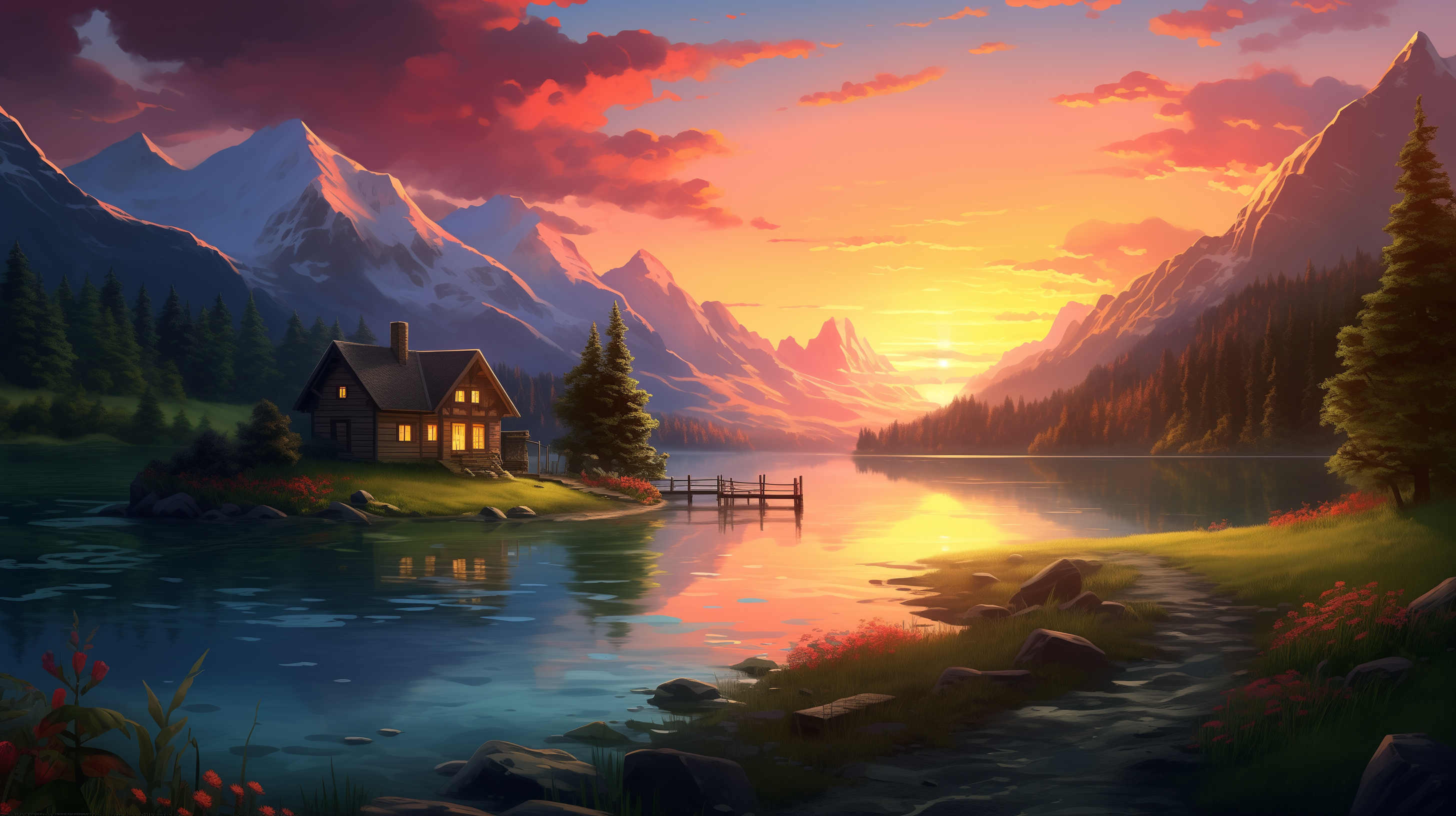 Serenity at Sunset: Cozy Mountain Cabin Landscape HD Wallpaper