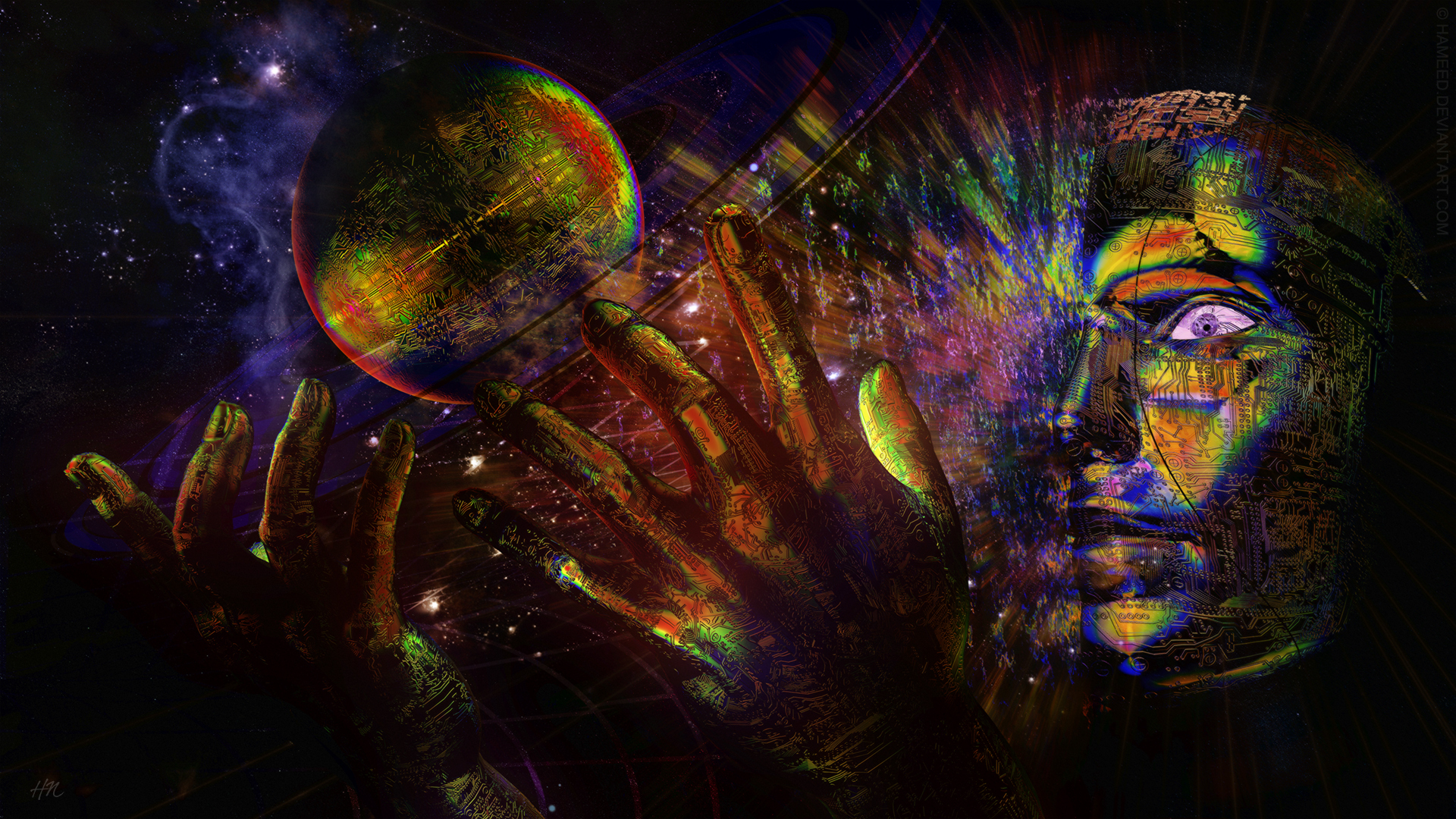 Psychedelic cg digital art sci fi science space universe surreal mood emotion color planets hands face eyes stars space magic creation religion god wallpaperx1080