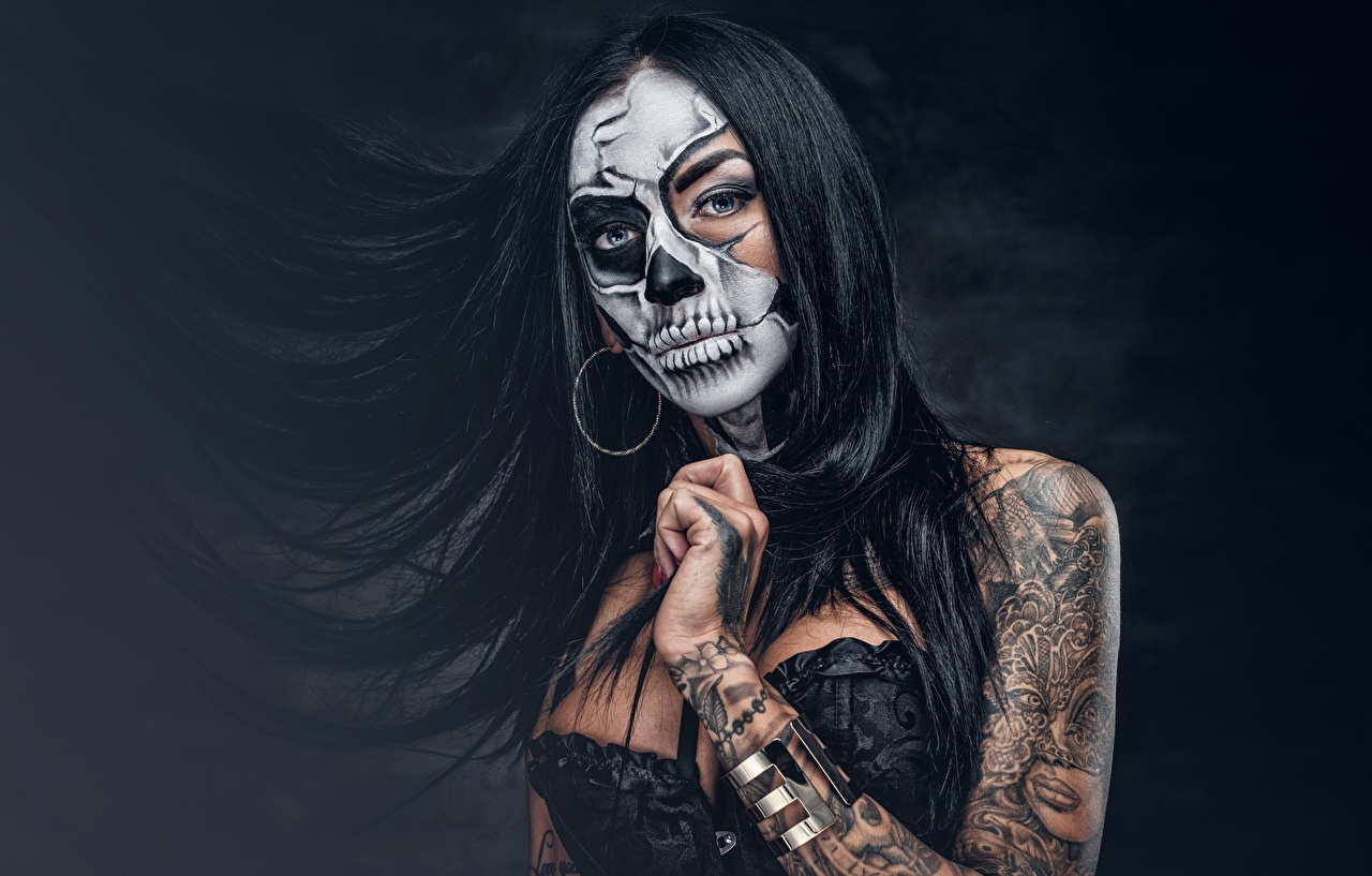 Desktop Wallpaper Tattoos Brunette girl Makeup day of the dead Hair