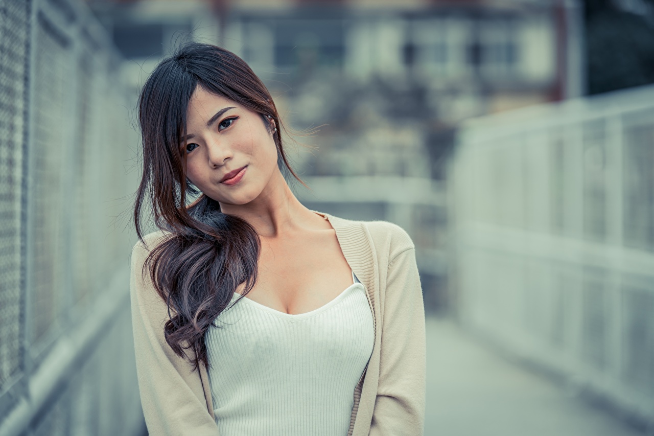 Desktop Wallpaper Brunette girl Bokeh female Asian Staring
