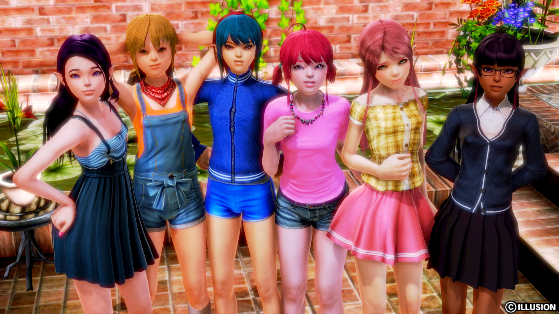 safe, artist:theextraguy, applejack, fluttershy, pinkie pie, rainbow dash, rarity, twilight sparkle, human, 3D, child, clothes, dark skin, denim, dress, glasses, honey select, humanized, mane six, pleated skirt, shorts, skirt, younger