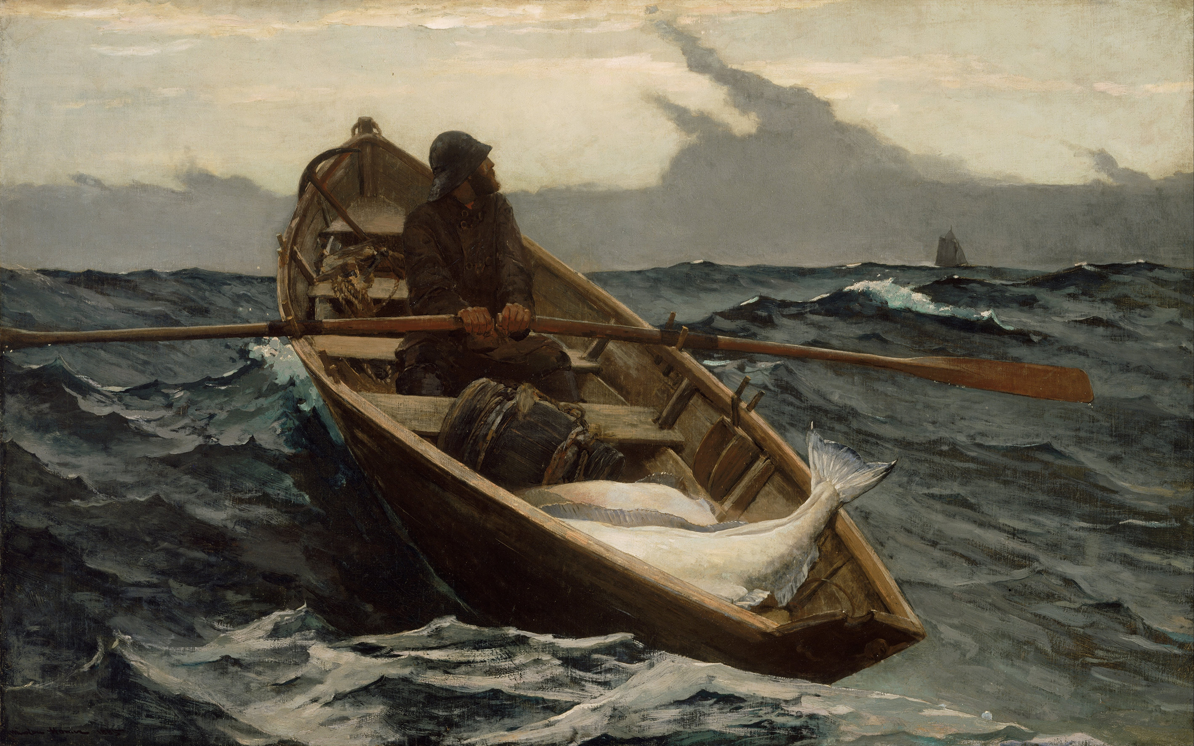 Wallpaper Winslow Homer, The Fog Warning Sea Boats 3840x2400
