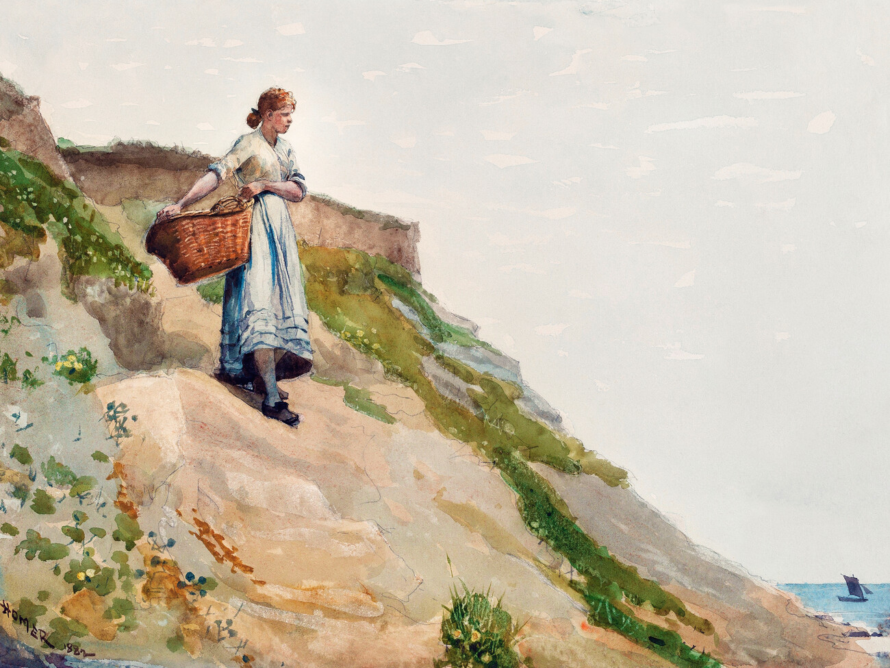 The Coastal Cliff (Girl Carrying a Basket by the Sea) Homer Wall Mural