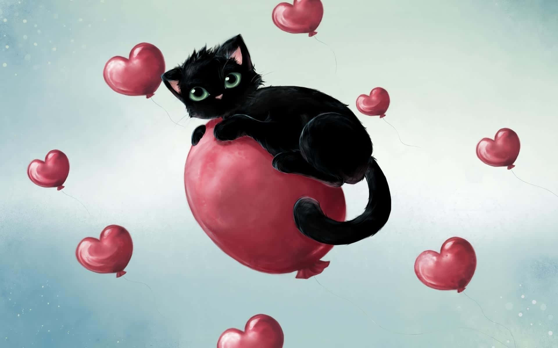 Download A Black Cat Sitting On A Red Balloon With Hearts