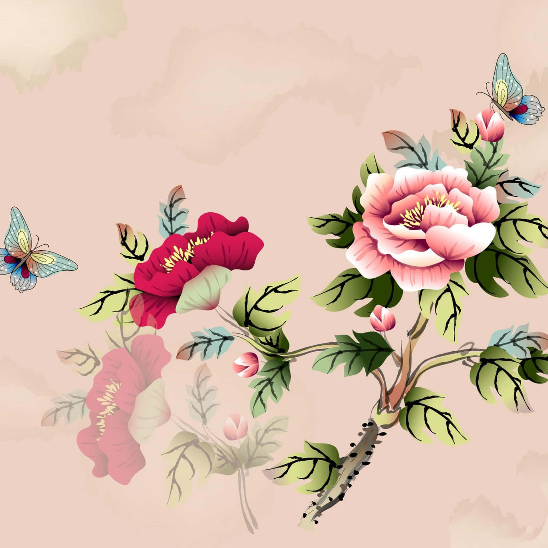 Download A Painting Of Flowers And Butterflies Wallpaper
