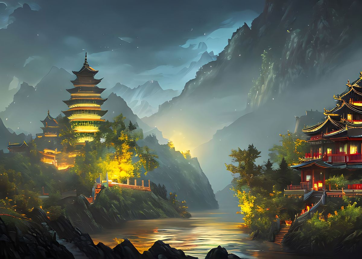 VIllage Chinese Castle' Poster, picture, metal print, paint