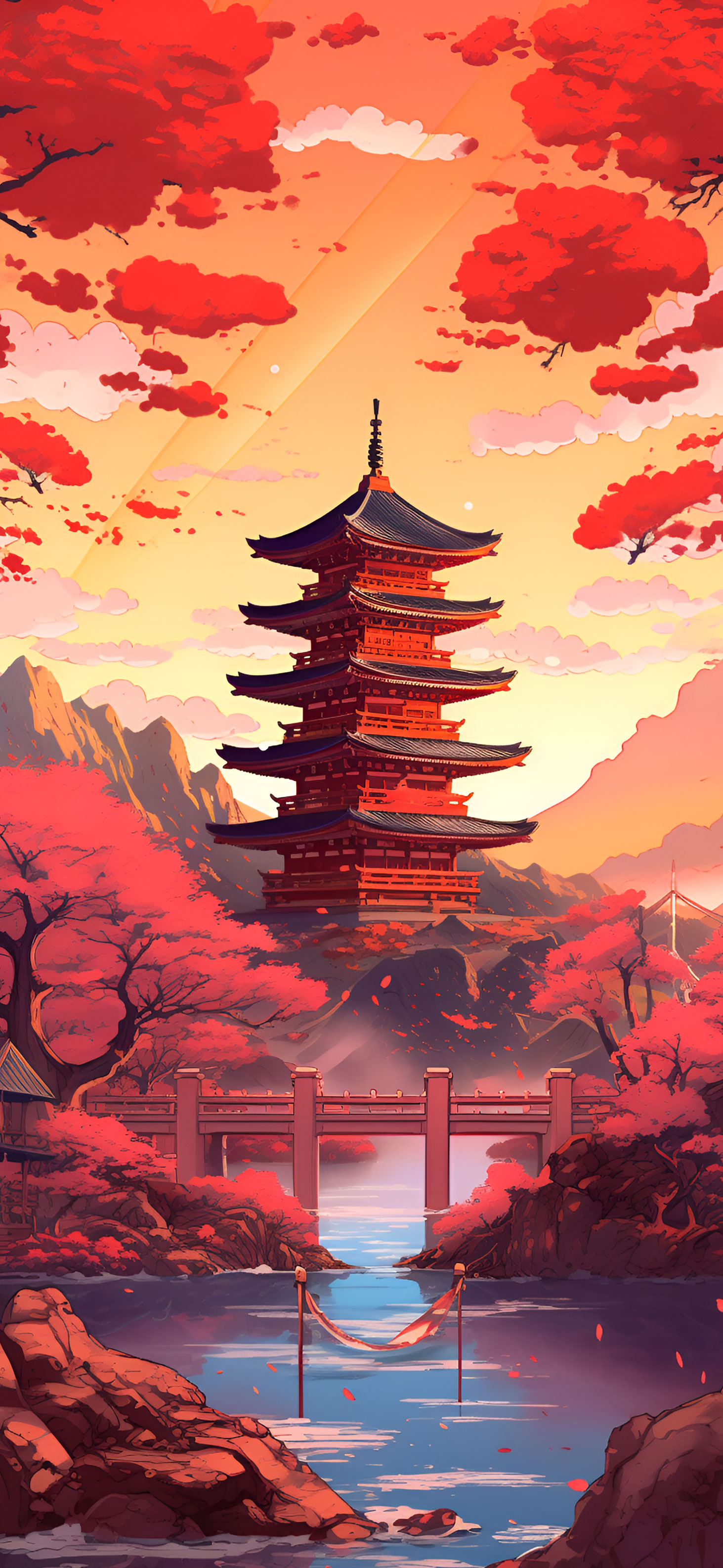 Japanese Pagoda & Red Trees Wallpaper Wallpaper 4k