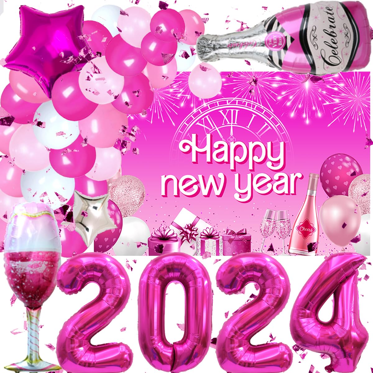 New Years Eve Party Supplies Hot Pink New Year Decorations 2024 Happy New Year Backdrop Champagne Balloon Garland Gold New Years Decoration 2024, Home & Kitchen