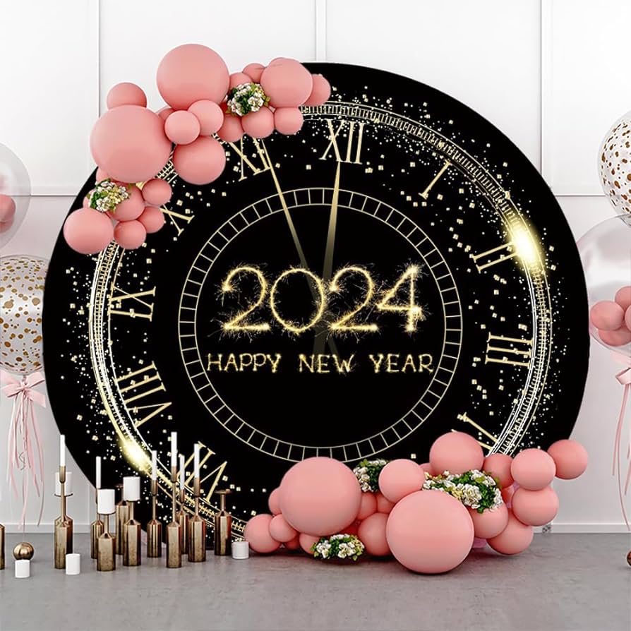 Amazon.com, 2024 Happy New Year Round Backdrop Cover 6.5ft Gold Black Clock Countdown Photography Background New Years Eve Party Family Celebration Banner Decor Portraits Photohoot Wallpaper Photo Booth Props
