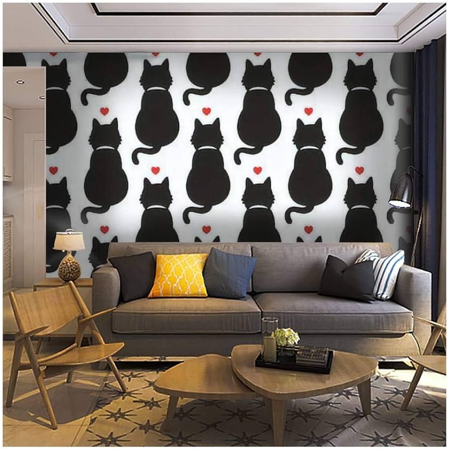 Self Adhesive Wallpaper Roll Paper black Cat seamless heart icon kitten valentine day doodle isolated Removable Peel and Stick Wallpaper Decorative Wall Mural Posters Home Covering Interior Film, Tools
