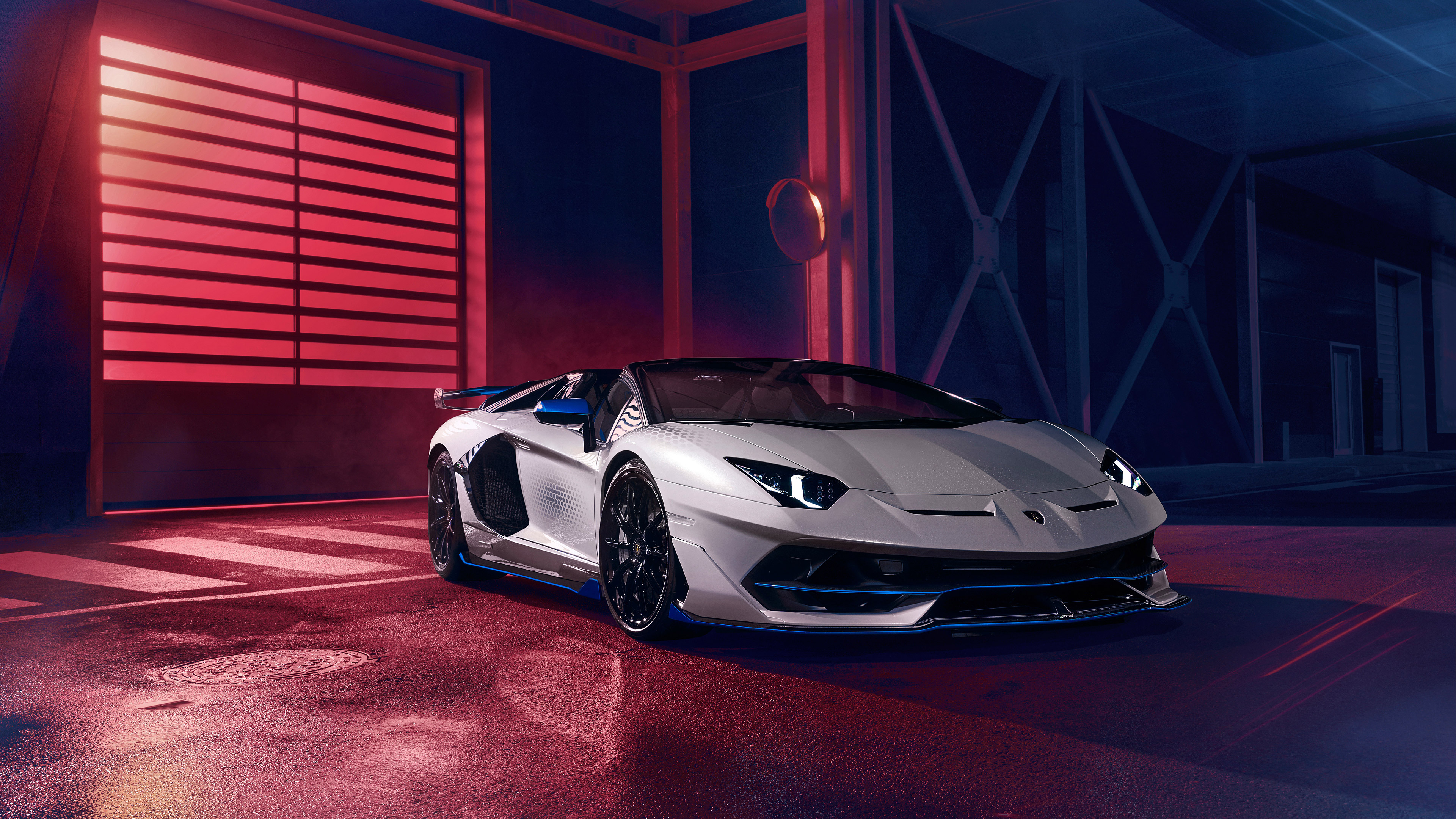 Lamborghini Aventador, Roadster, supercars, vehicle, low light, night, street, white cars, Lamborghini, carx2160 Wallpaper