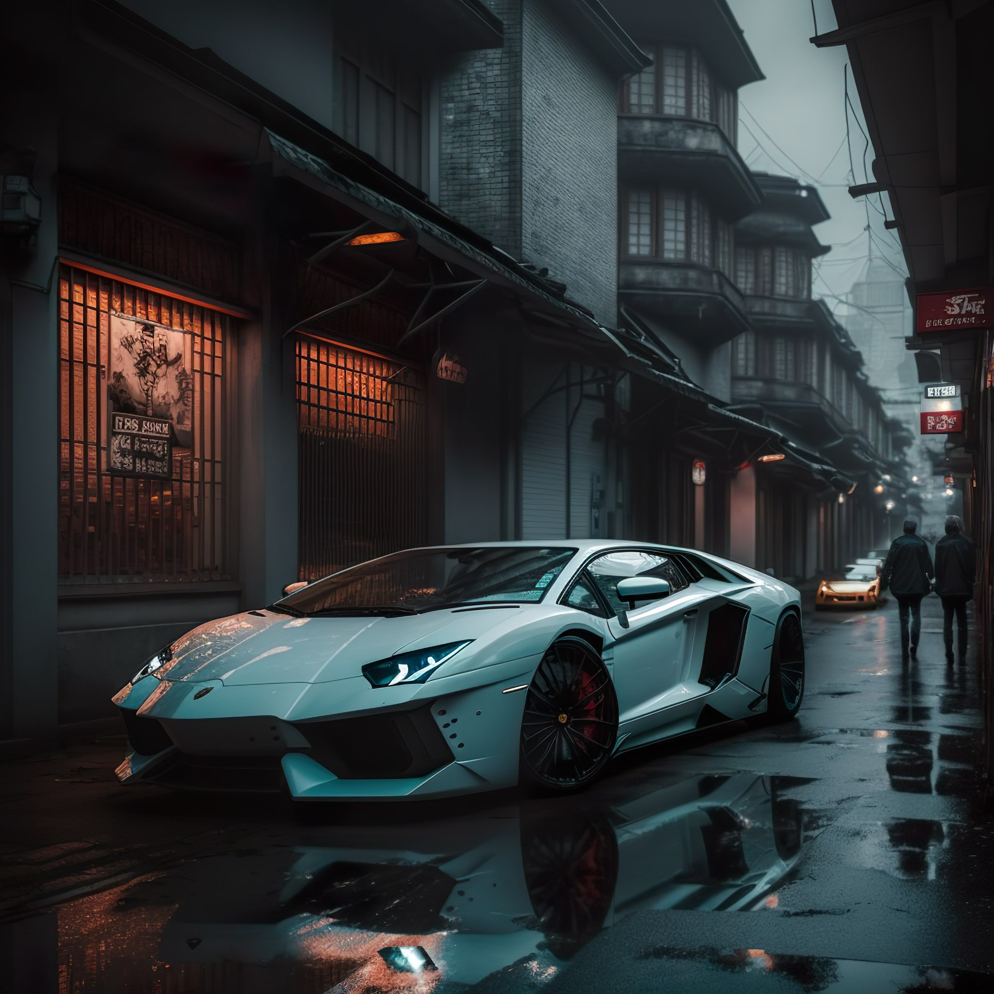 White Lamborghini Aventador at Night in a Side Street in Tokyo as a Digital Print