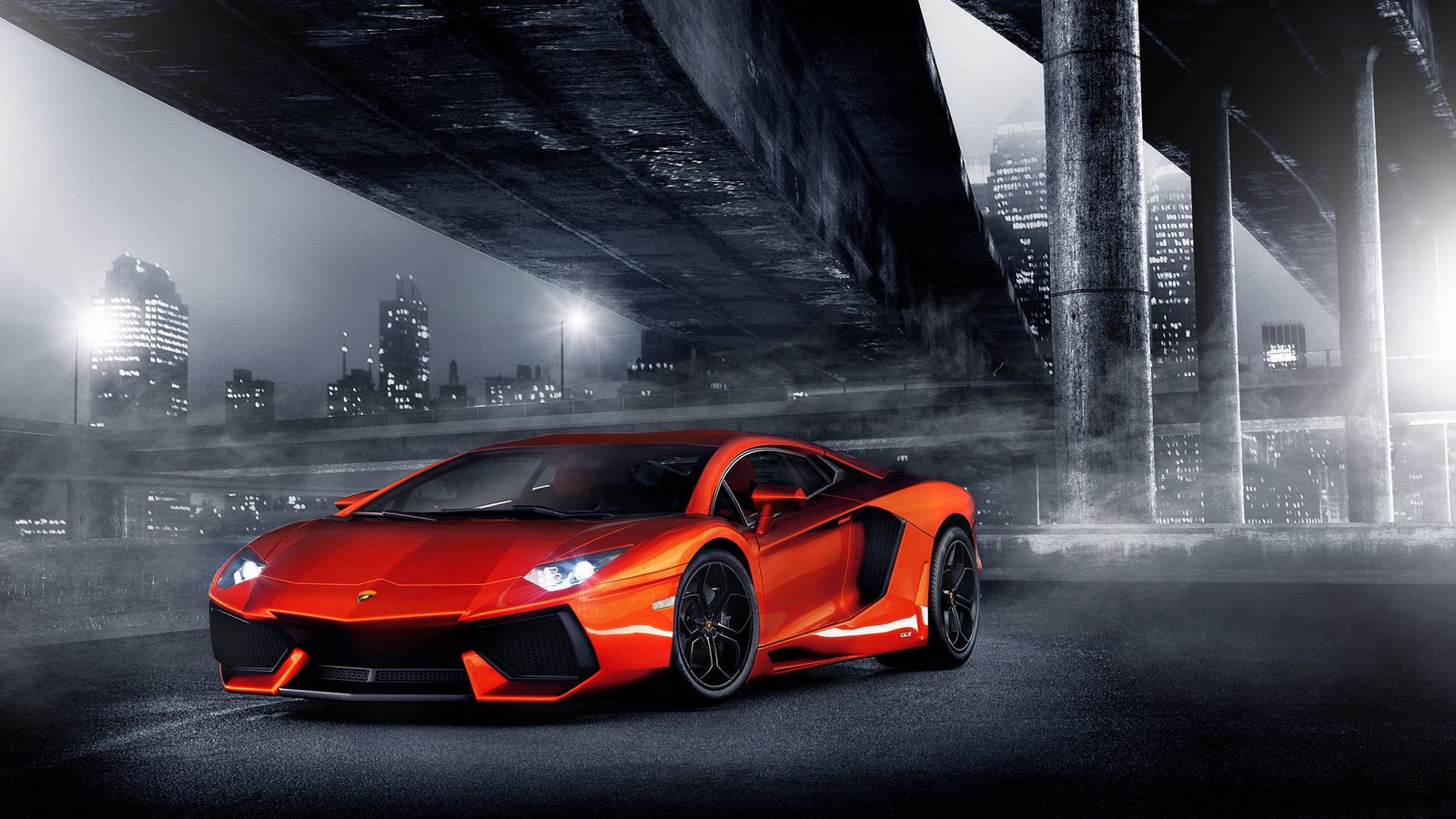 Download wallpaper 1600x900 night, lights, aventador, columns, bridge, lamborghini, orange, city widescreen 16:9 HD background